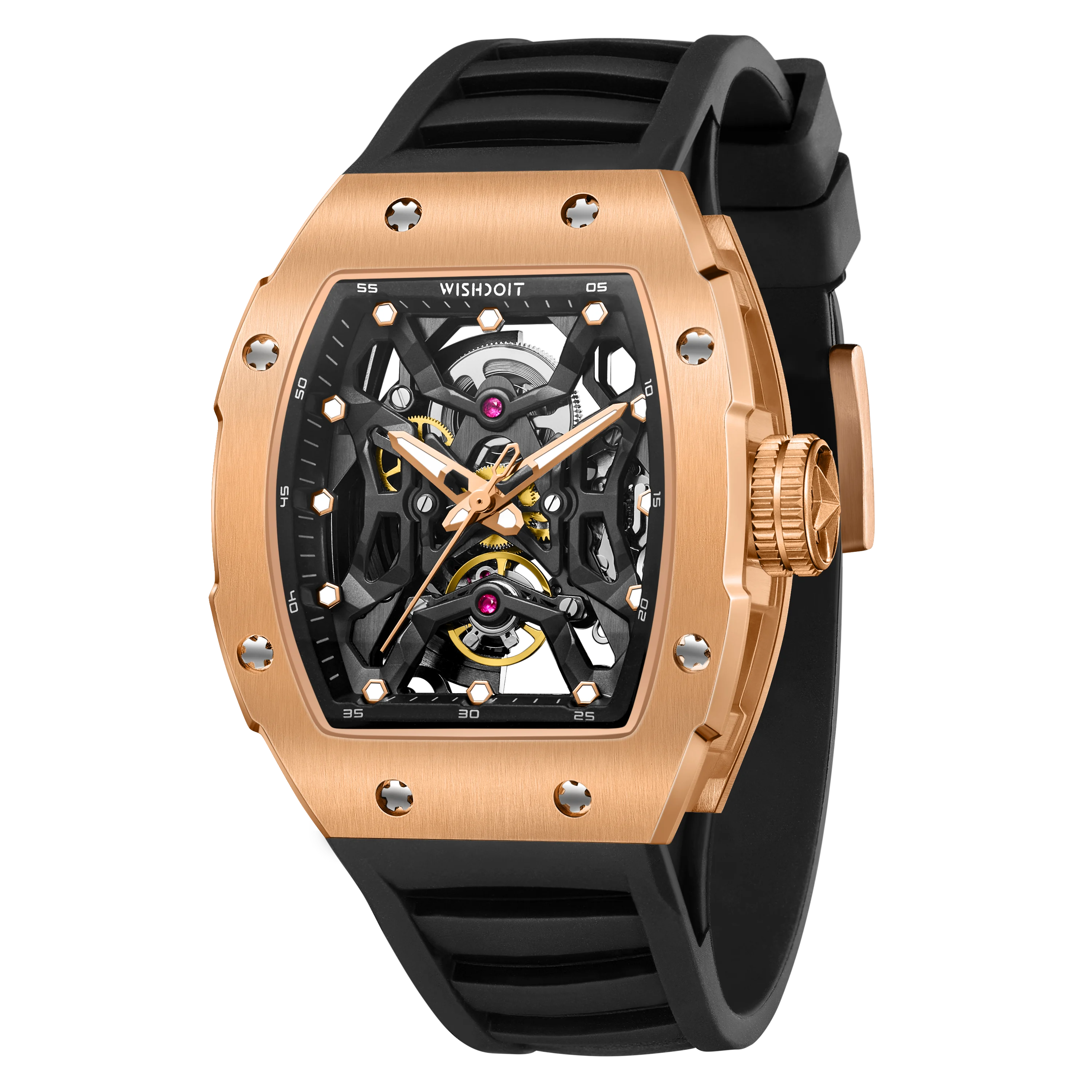 Wishdoit Watches Tonneau Luxury Automatic Mechanical Aerial Prism Skeleton watch | Fluorine Rubber Watch Strap|Rose Gold (Black Strap)