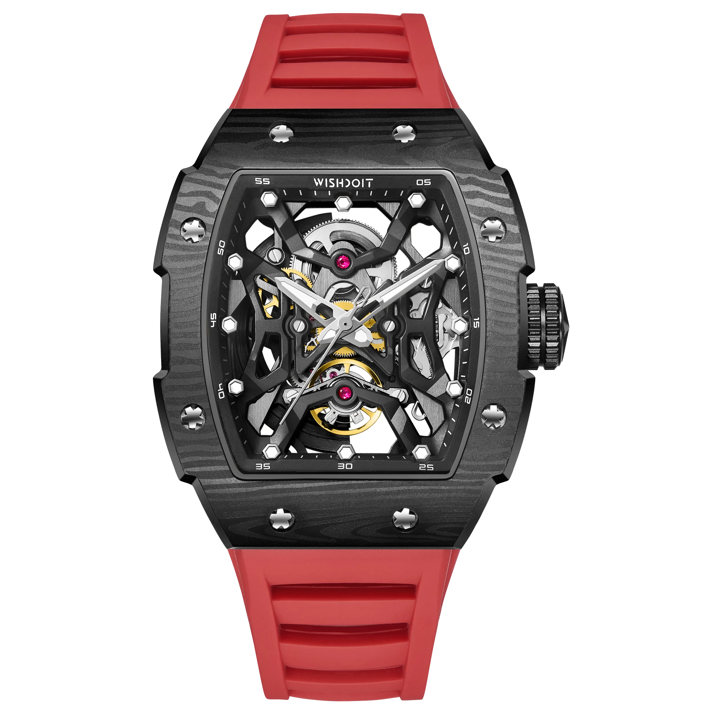 Wishdoit Watches Tonneau Luxury Automatic Mechanical Aerial Prism Skeleton watch | Fluorine Rubber Watch Strap|Black (Red Strap)