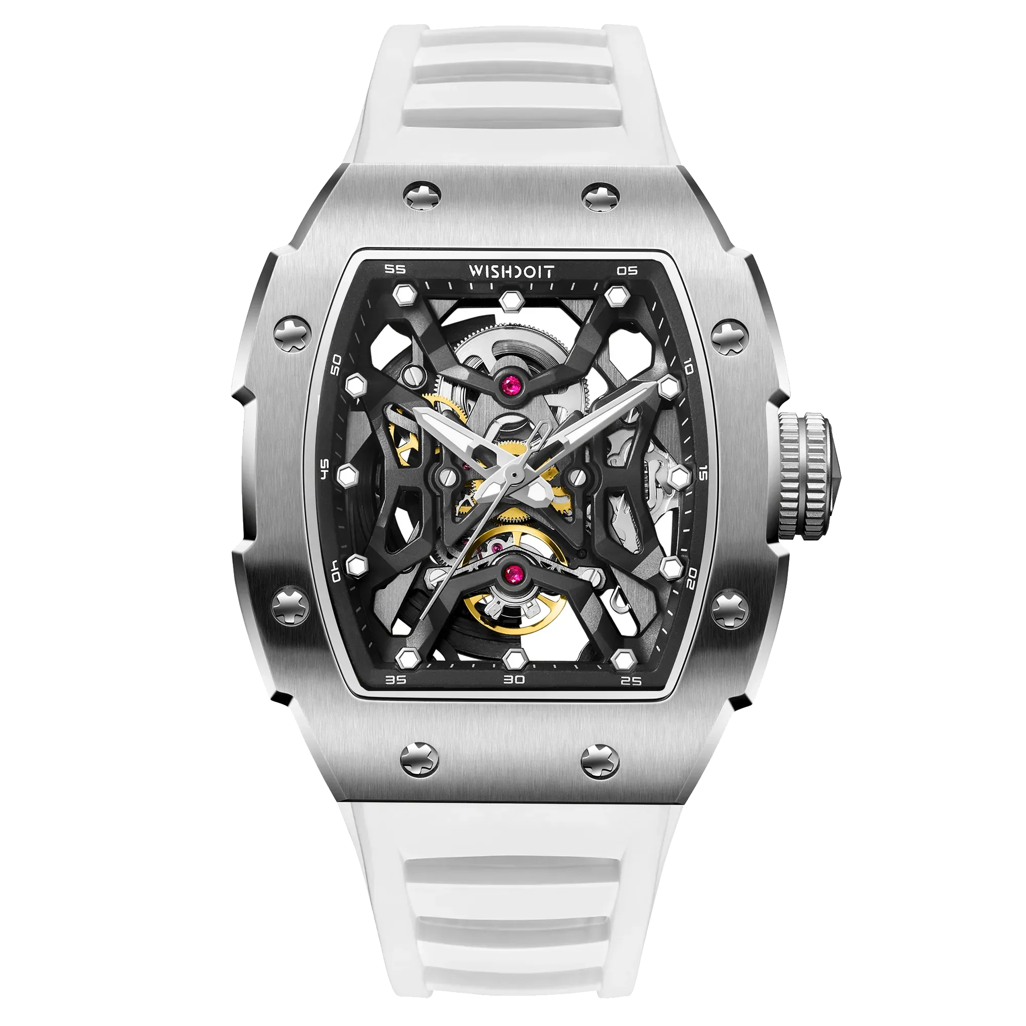 Wishdoit Watches Tonneau Luxury Automatic Mechanical Aerial Prism Skeleton watch | Fluorine Rubber Watch Strap|Silvery (White Strap)