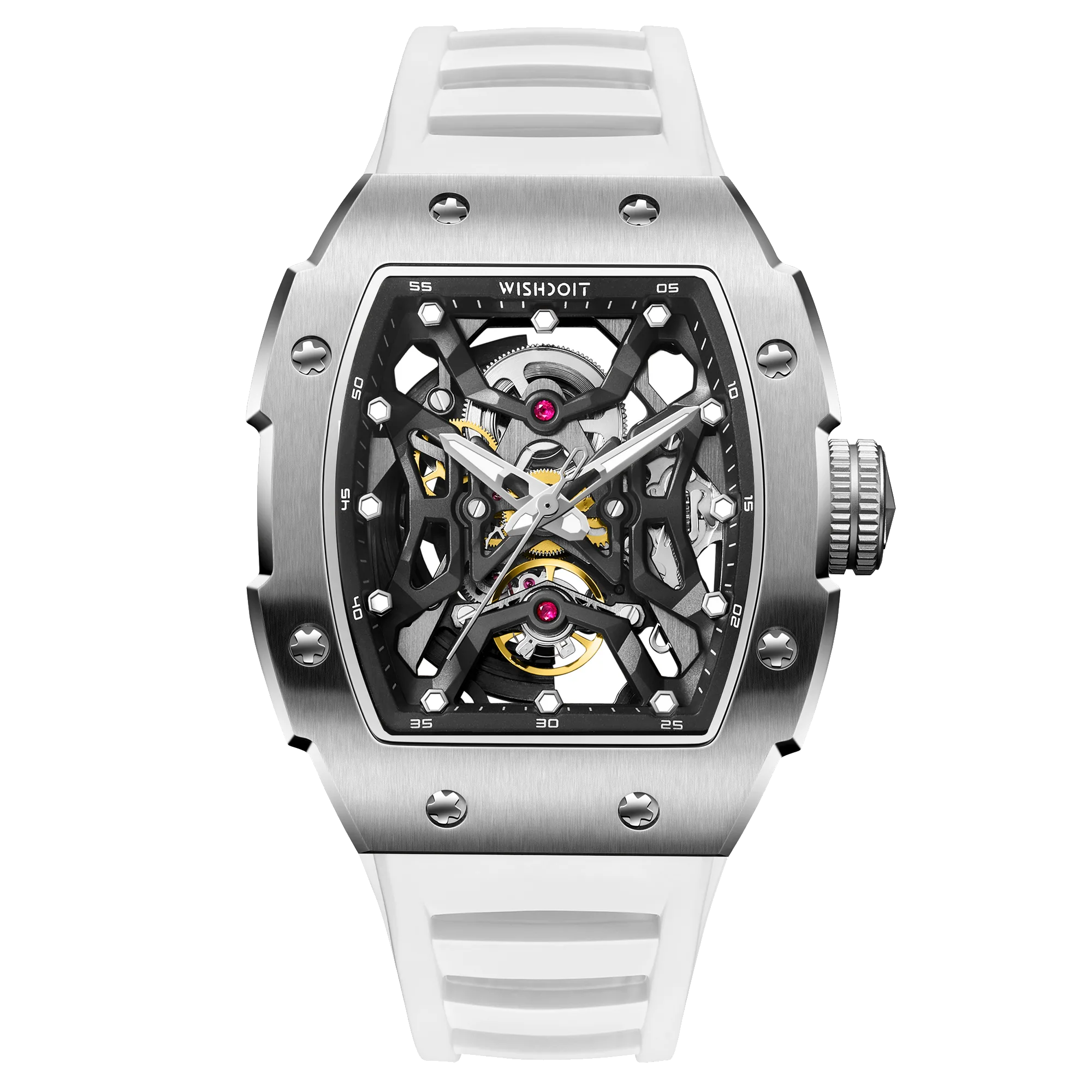 Wishdoit Watches Tonneau Luxury Automatic Mechanical Aerial Prism Skeleton watch | Fluorine Rubber Watch Strap|Silvery (White Strap)