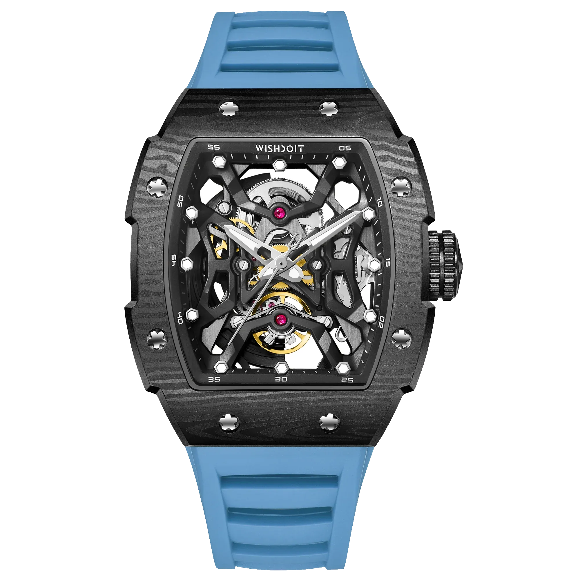 Wishdoit Watches Tonneau Luxury Automatic Mechanical Aerial Prism Skeleton watch | Fluorine Rubber Watch Strap|Black (Light Blue Strap)
