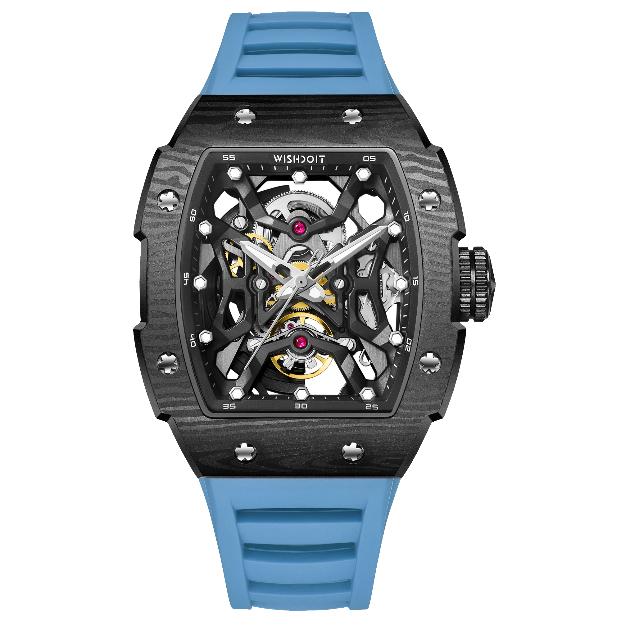 Wishdoit Watches Tonneau Luxury Automatic Mechanical Aerial Prism Skeleton watch | Fluorine Rubber Watch Strap|Black (Light Blue Strap)