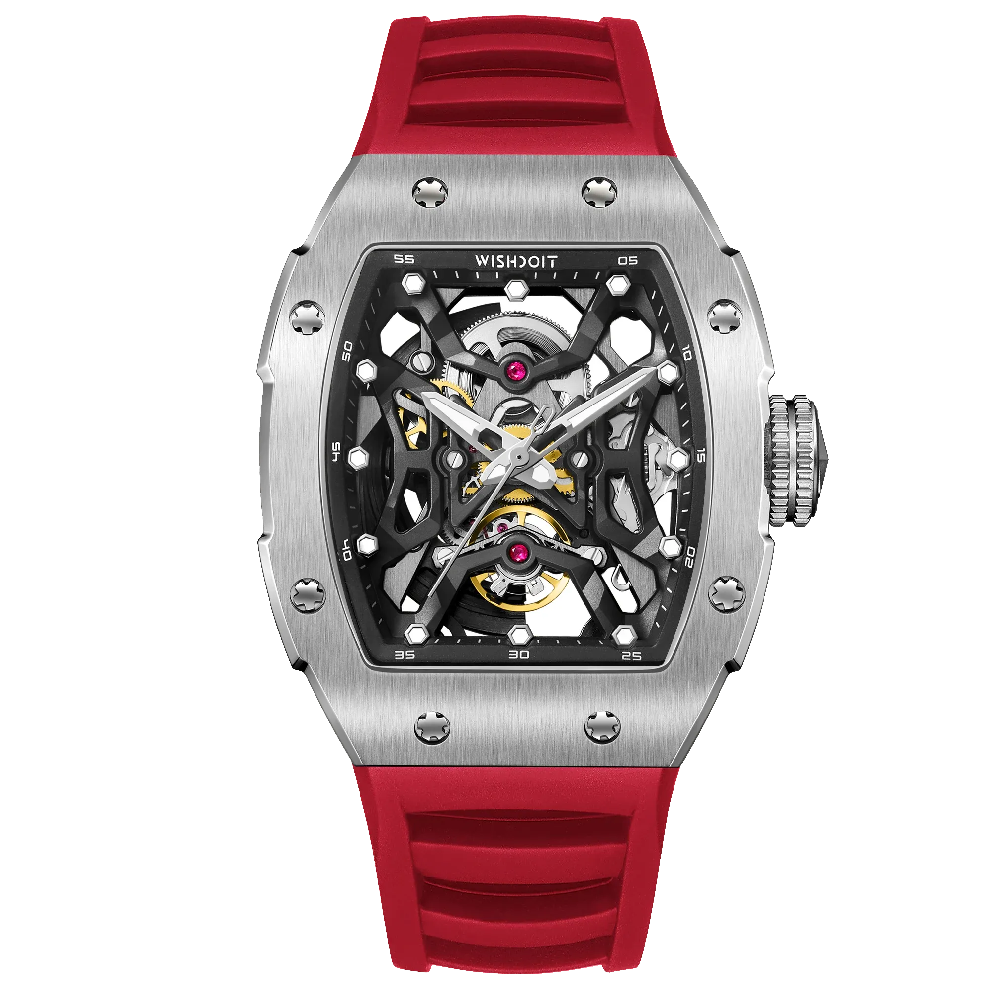 Wishdoit Watches Tonneau Luxury Automatic Mechanical Aerial Prism Skeleton watch | Fluorine Rubber Watch Strap|Silvery (Red Strap)