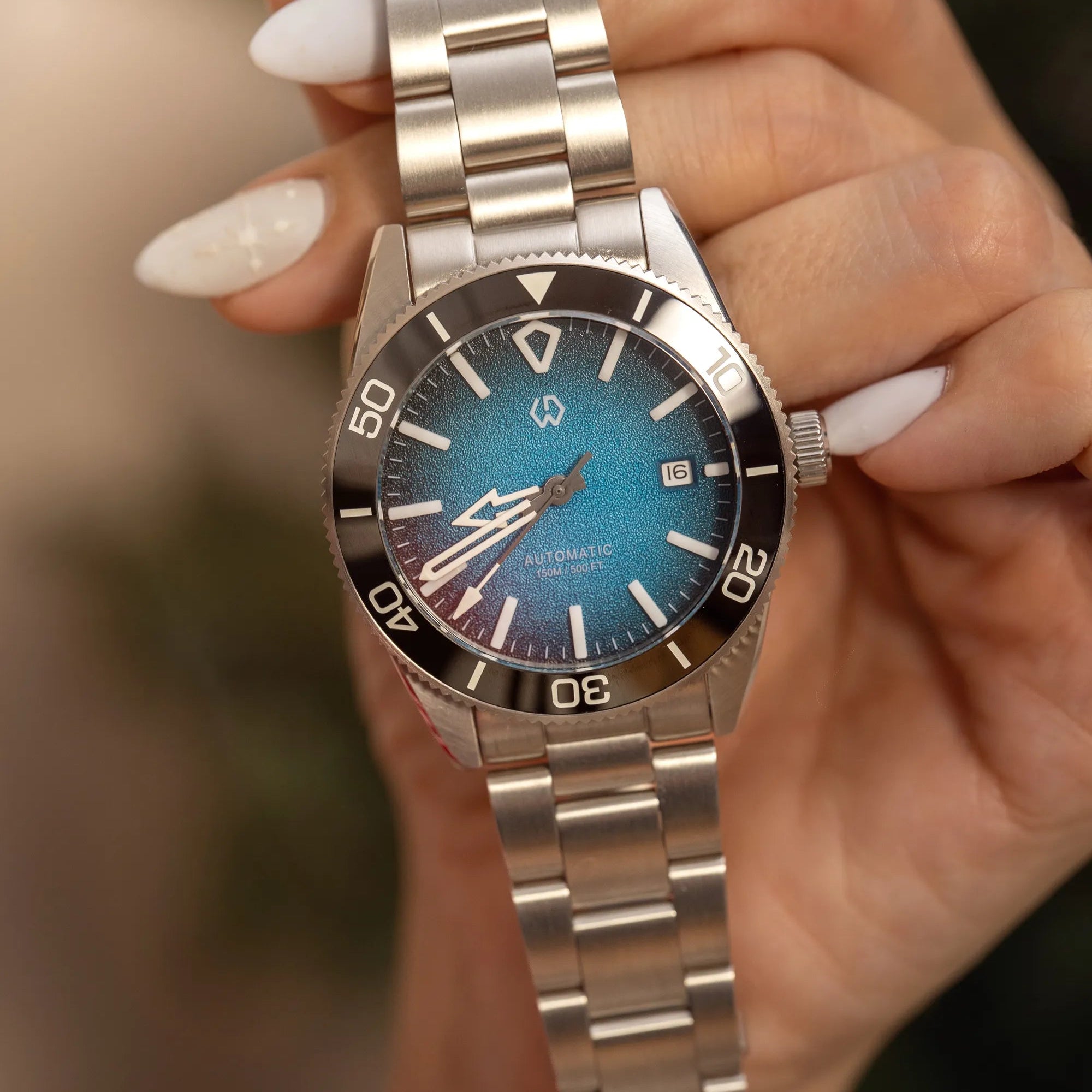 Wishdoit Watches Round Affordable aqua storm Automatic diver watch with 3D luminous needles ceramic bezel |316L Stainless Steel|light blue