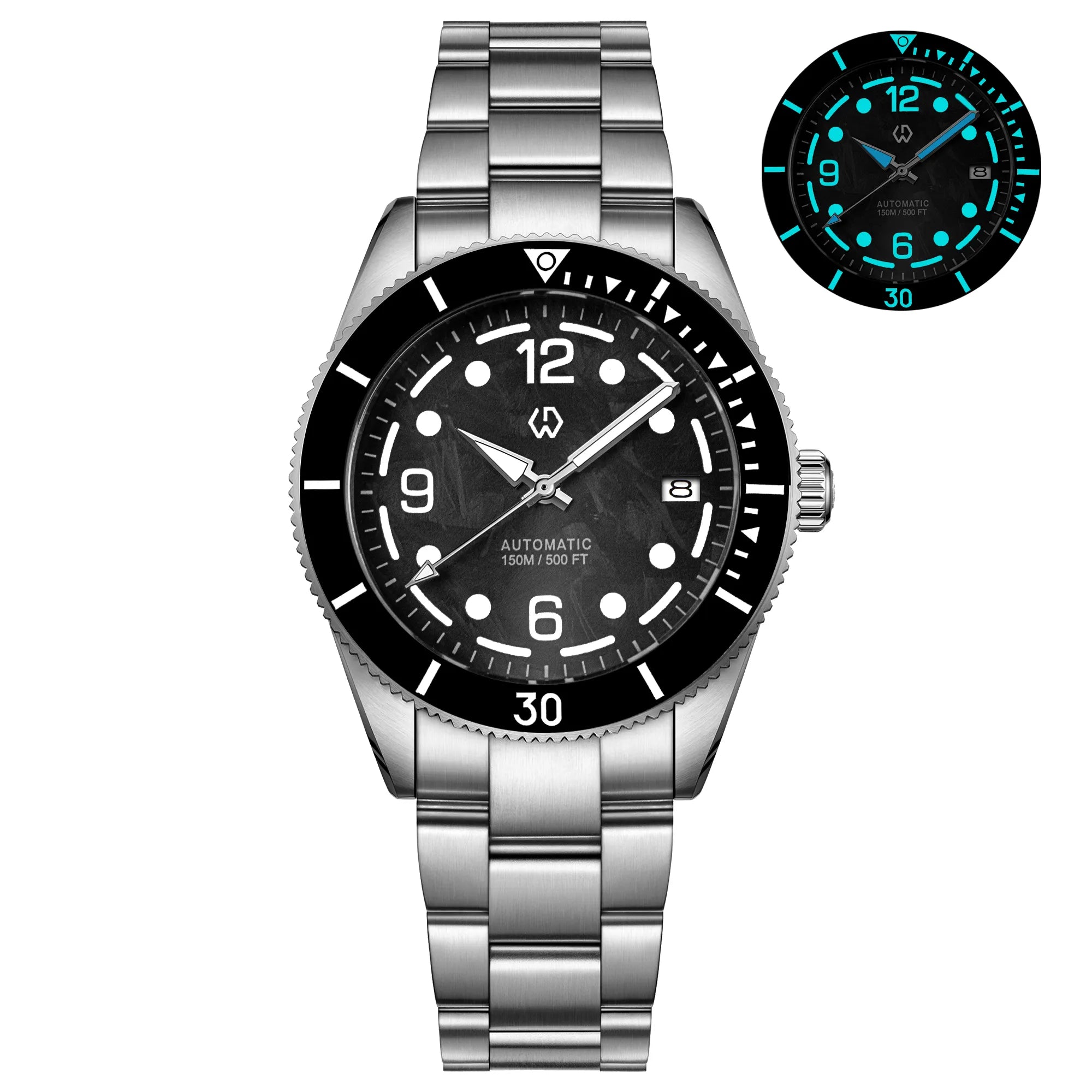 Wishdoit Watches Round Affordable AquaVolt Dive Automatic Bright Lume Mechanical Dive Watch|316L Stainless Steel|Black Watch