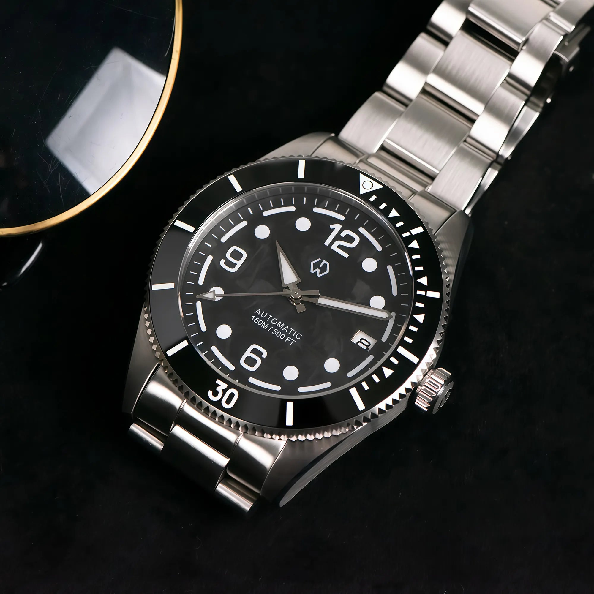 Wishdoit Watches Round Affordable AquaVolt Dive Automatic Bright Lume Mechanical Dive Watch|316L Stainless Steel|Black Watch