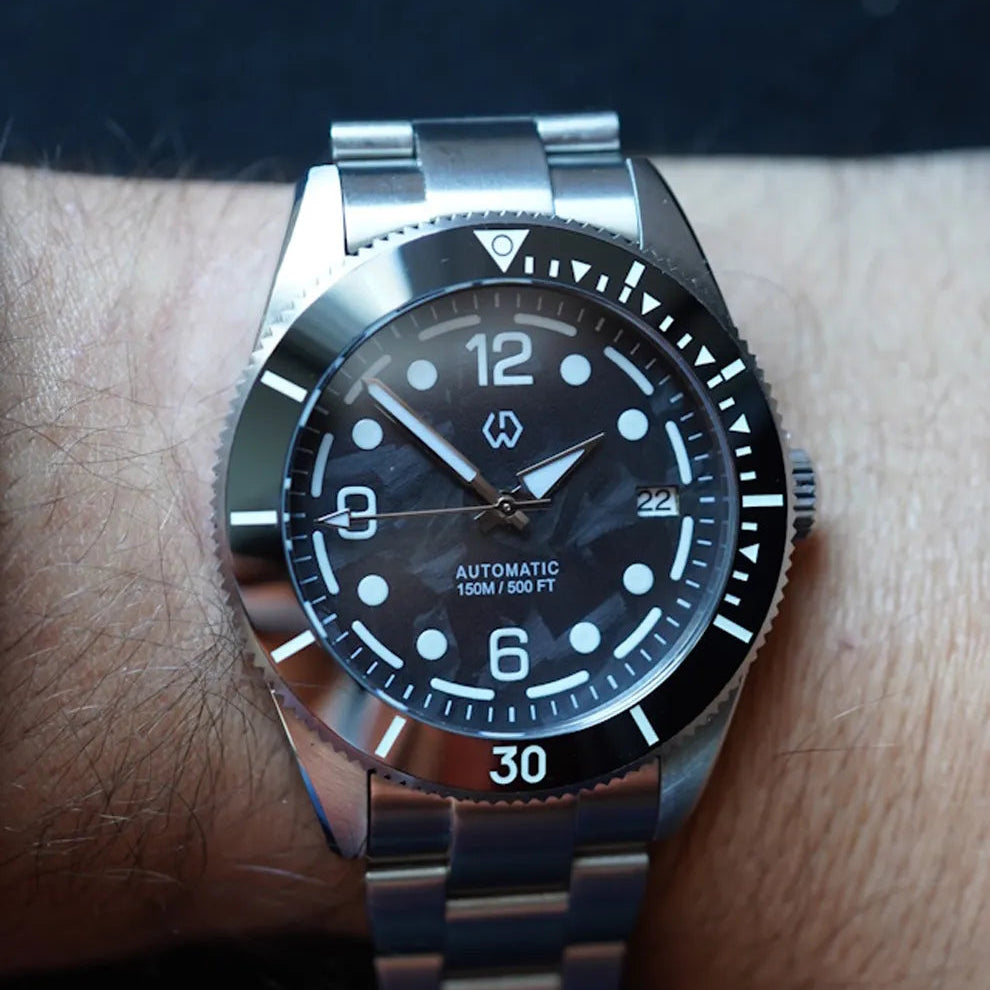Wishdoit Watches Round Affordable AquaVolt Dive Automatic Bright Lume Mechanical Dive Watch|316L Stainless Steel|Black Watch