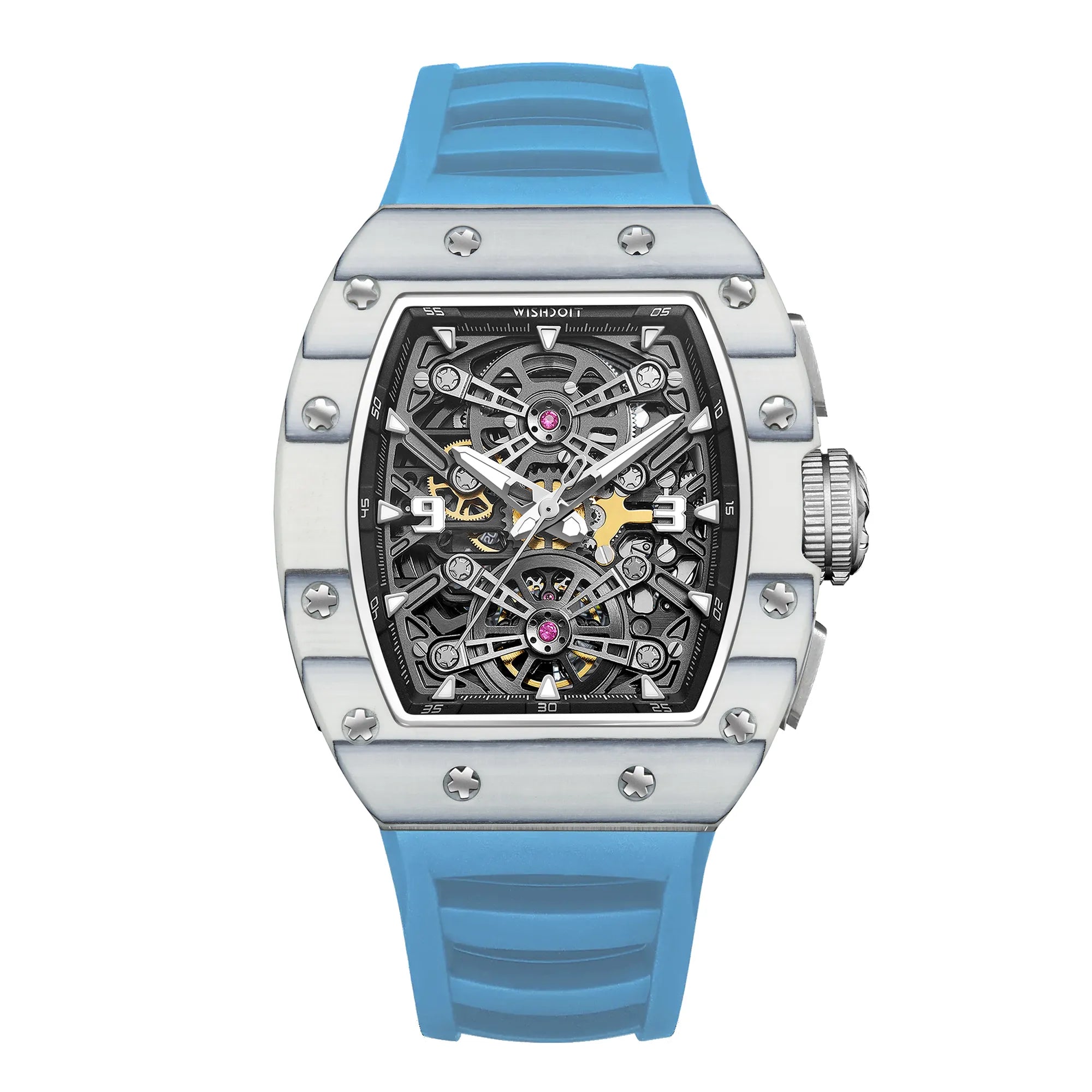 Captain Kidd Forged Carbon Lume Tonneau Skeleton Mechanical Watch Arctic Lume with Light blue strap