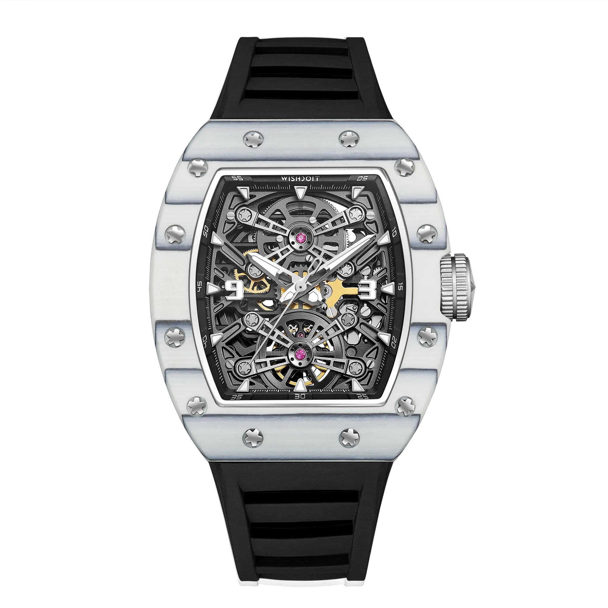 Captain Kidd Forged Carbon Lume Tonneau Skeleton Mechanical Watch Arctic Lume with Black strap