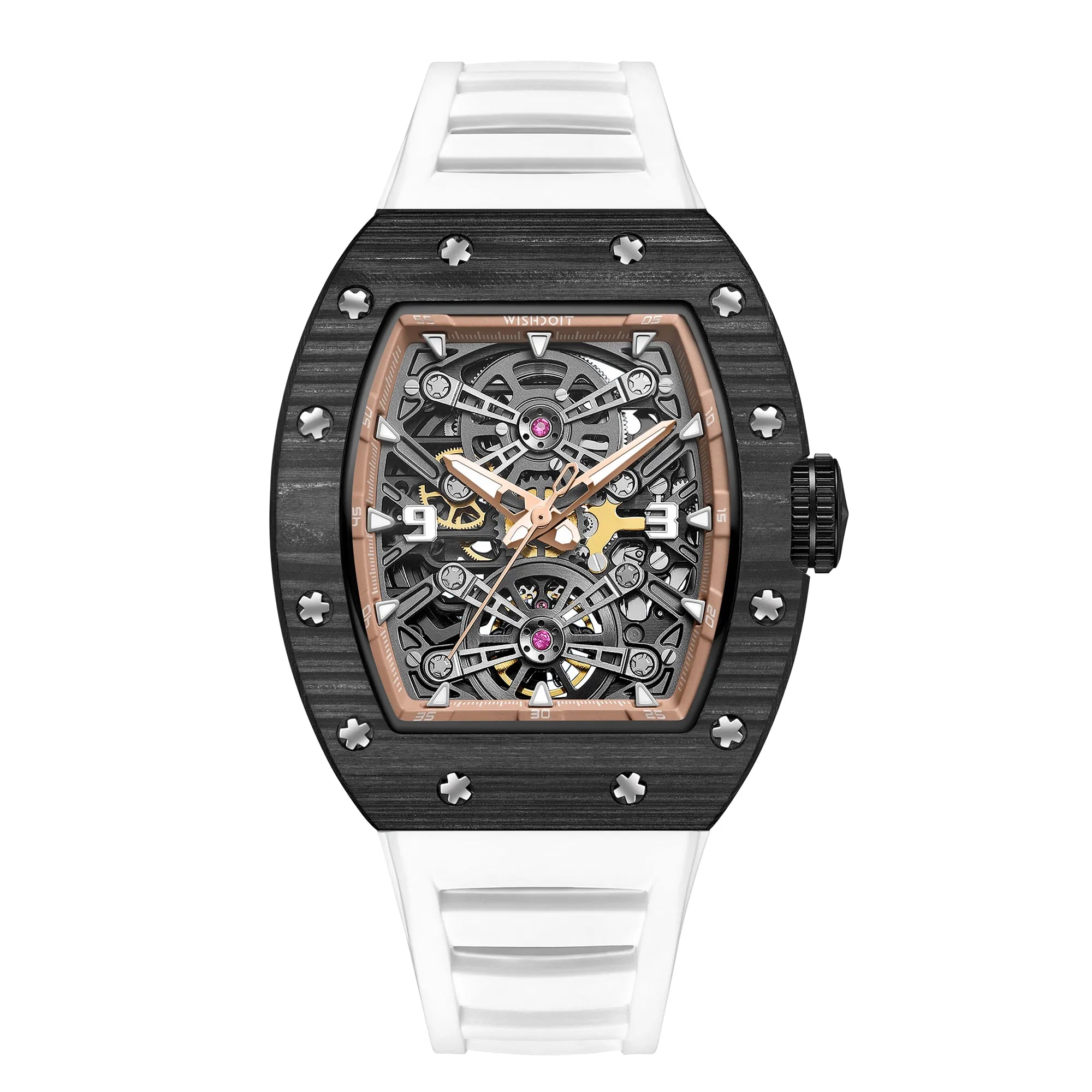 Captain Kidd Forged Carbon Lume Tonneau Skeleton Mechanical Watch Midnight Carbon with White strap