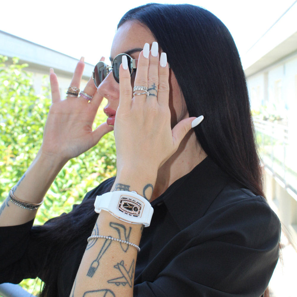 Wishdoit Watches Tonneau Affordable Best Women Chronograph l Shellstone Women's Watches|Starry Dial| Fluorine Rubber Watch Strap|(White Strap)