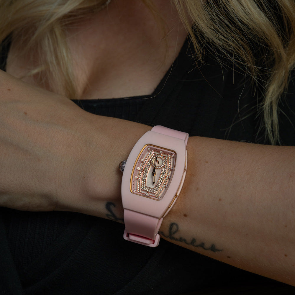 Wishdoit Watches Tonneau Affordable Best Women Chronograph l Shellstone Women's Ceramic Watches| Fluorine Rubber Watch Strap|(Pink Strap)