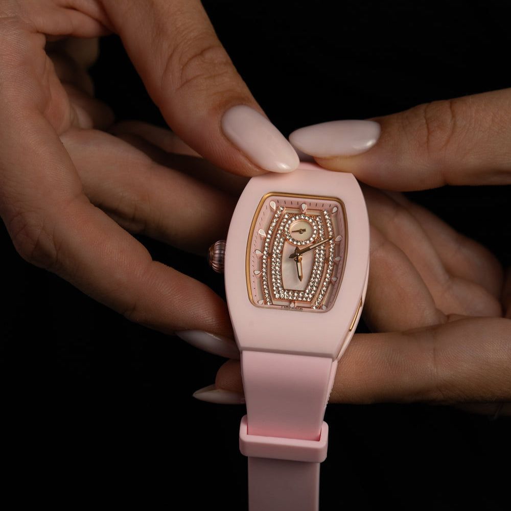 Wishdoit Watches Tonneau Affordable Best Women Chronograph l Shellstone Women's Ceramic Watches| Fluorine Rubber Watch Strap|(Pink Strap)