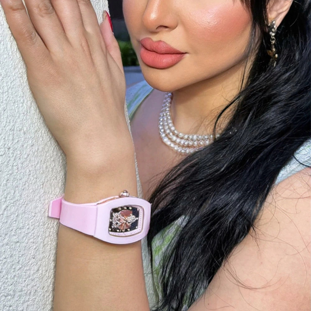 Wishdoit Watches Tonneau Affordable Best Women Chronograph l Owl Women's Ceramic Watches|Starry Dial| Fluorine Rubber Watch Strap lPink (Pink Strap)