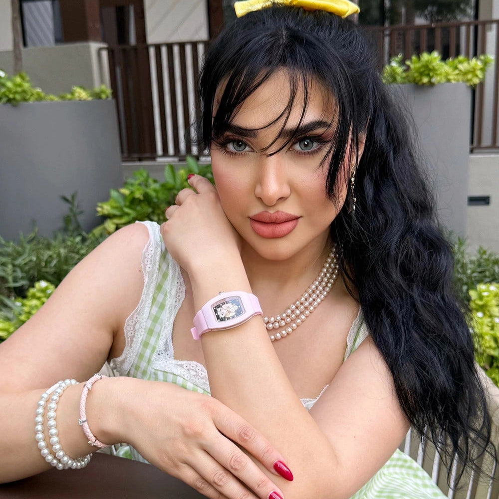 Wishdoit Watches Tonneau Affordable Best Women Chronograph l Owl Women's Ceramic Watches|Starry Dial| Fluorine Rubber Watch Strap lPink (Pink Strap)