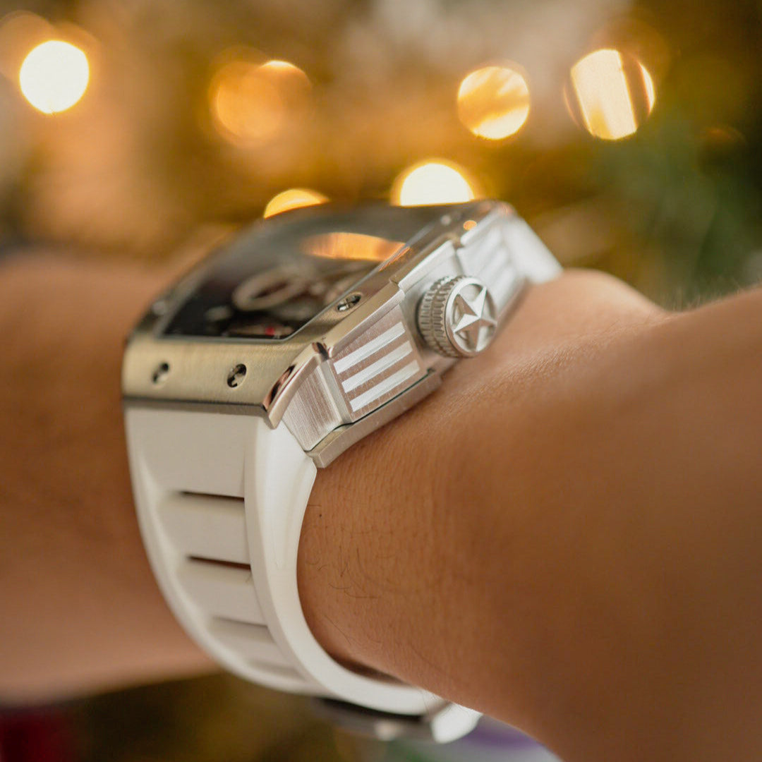 Wishdoit Watches Tonneau Affordable Best Mens Mechanical Pioneer Watch | Fluorine Rubber Watch Strap|Silvery (White Strap)