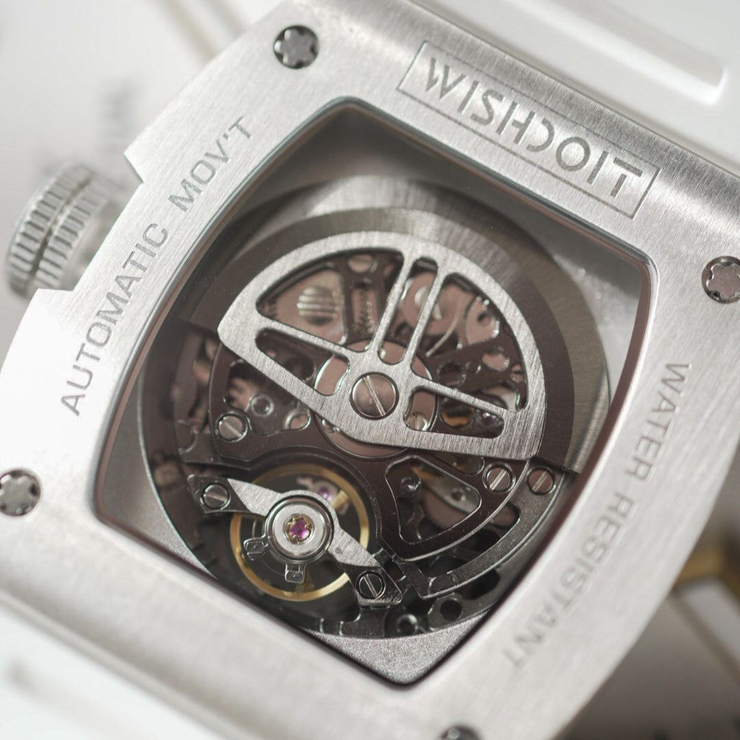 Wishdoit Watches Tonneau Affordable Best Mens Mechanical Pioneer Watch | Fluorine Rubber Watch Strap|Silvery (White Strap)