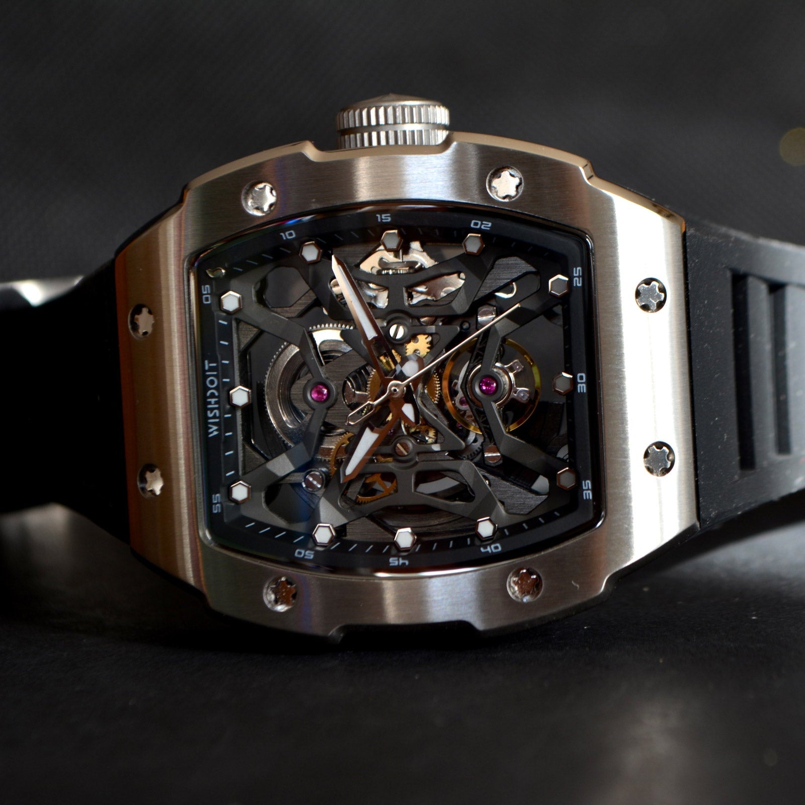Wishdoit Watches Tonneau Luxury Automatic Mechanical Aerial Prism Skeleton watch | Fluorine Rubber Watch Strap|Silvery (Black Strap)
