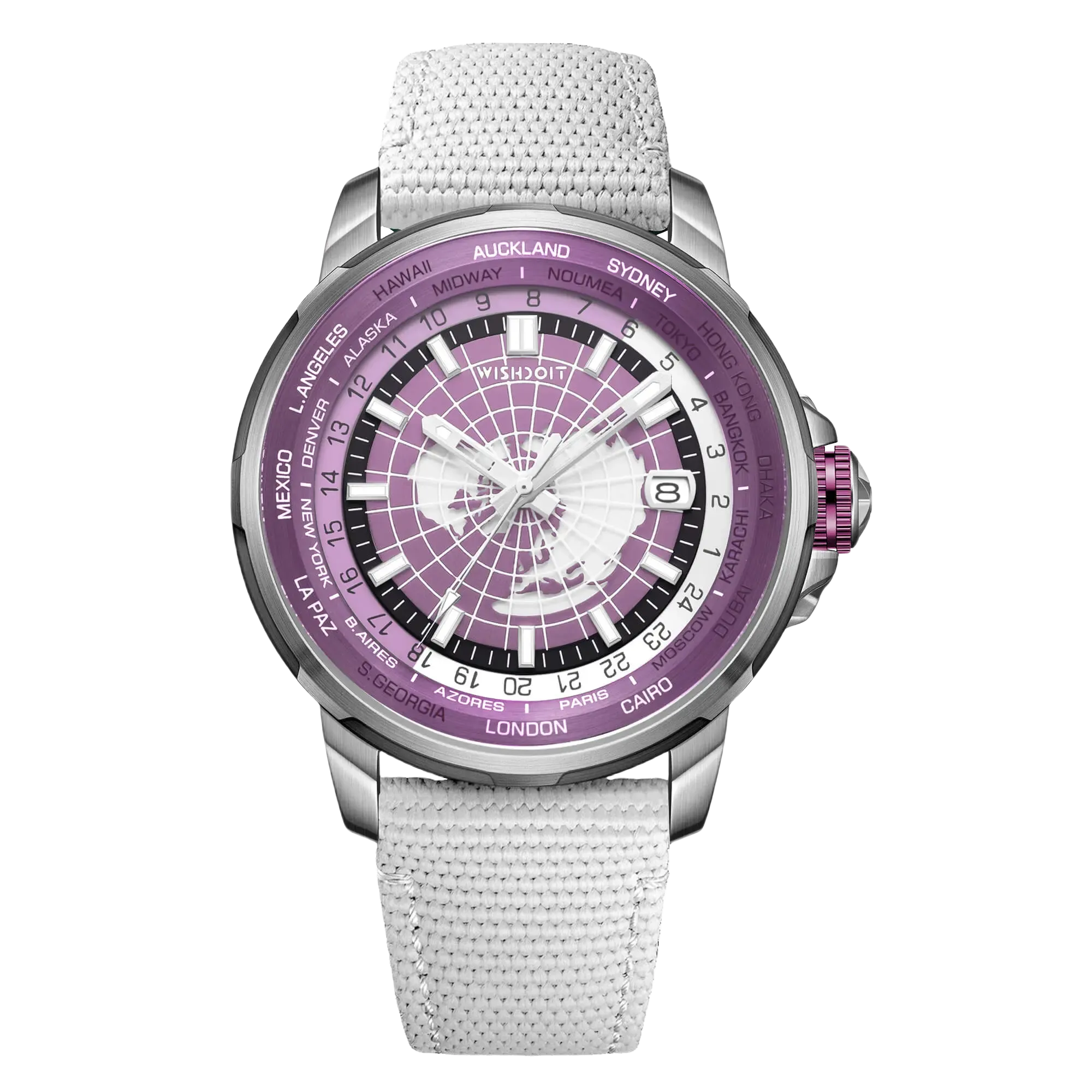Wishdoit Watches Round Affordable Automatic Mechanical World Time GMT Sapphire Watch | Nylon Genuine Leather Watch Strap| Silvery|Purple Watch|(White Strap)
