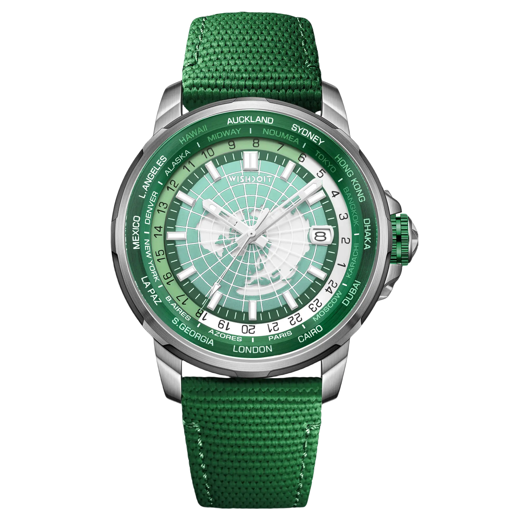 Wishdoit Watches Round Affordable Automatic Mechanical World Time GMT Sapphire Watch | Nylon Genuine Leather Watch Strap| Silvery|Green Watch|(Green Strap)