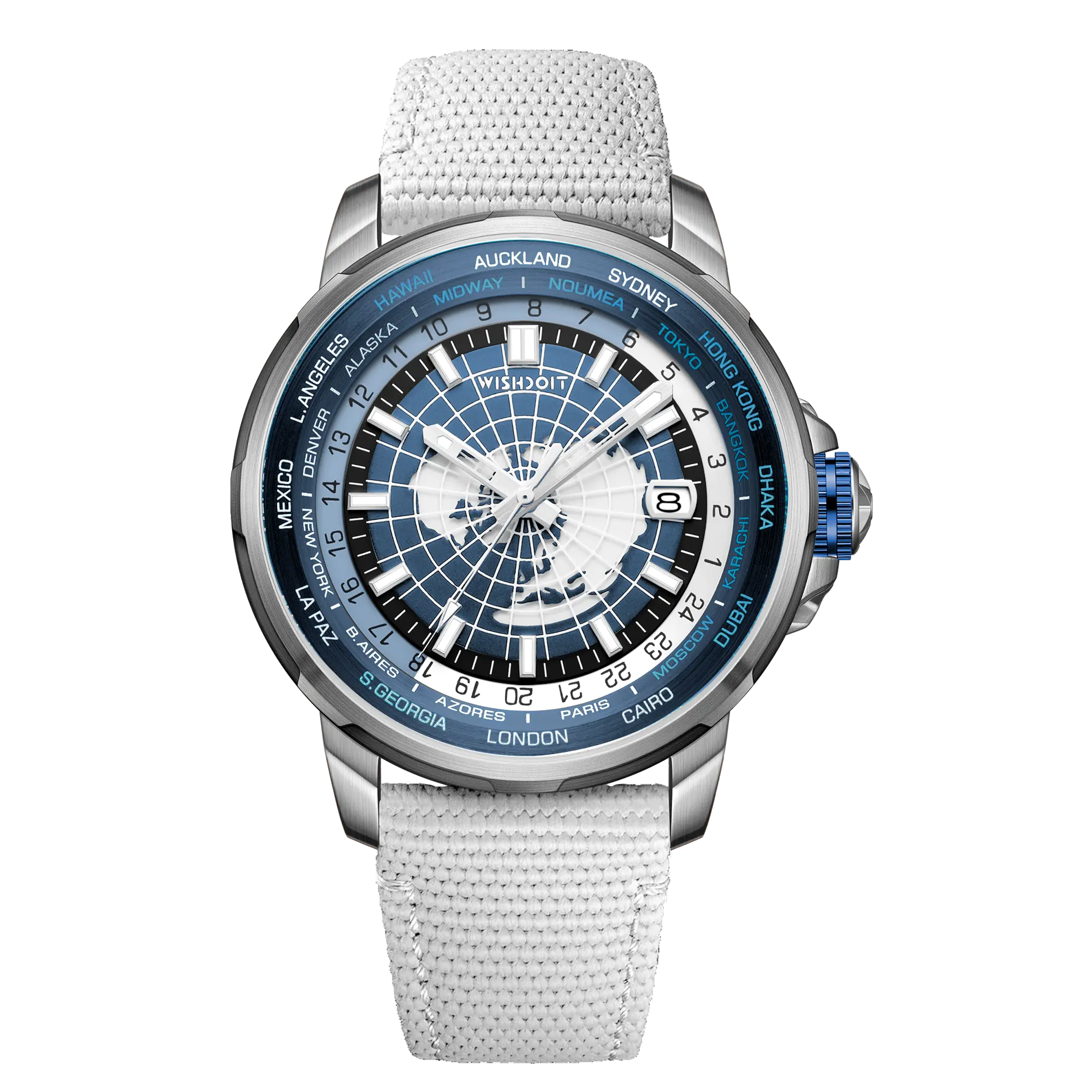 Wishdoit Watches Round Affordable Automatic Mechanical World Time GMT Sapphire Watch | Nylon Genuine Leather Watch Strap| Silvery (White Strap)