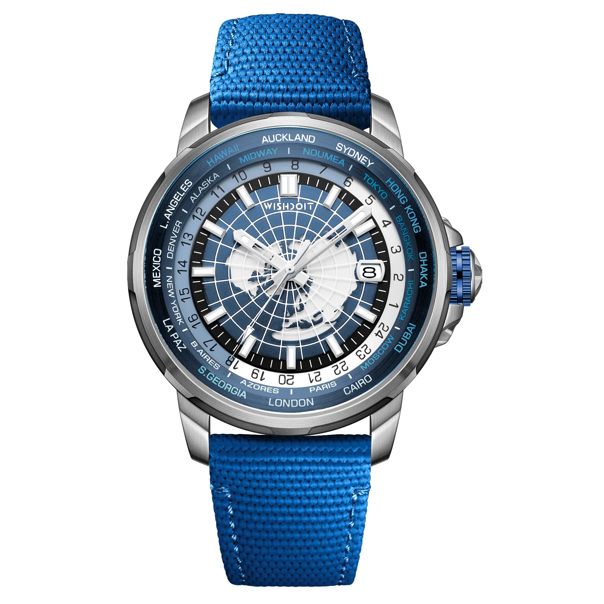 Wishdoit Watches Round Affordable Automatic Mechanical World Time GMT Sapphire Watch | Nylon Genuine Leather Watch Strap| Silvery (Blue Strap)