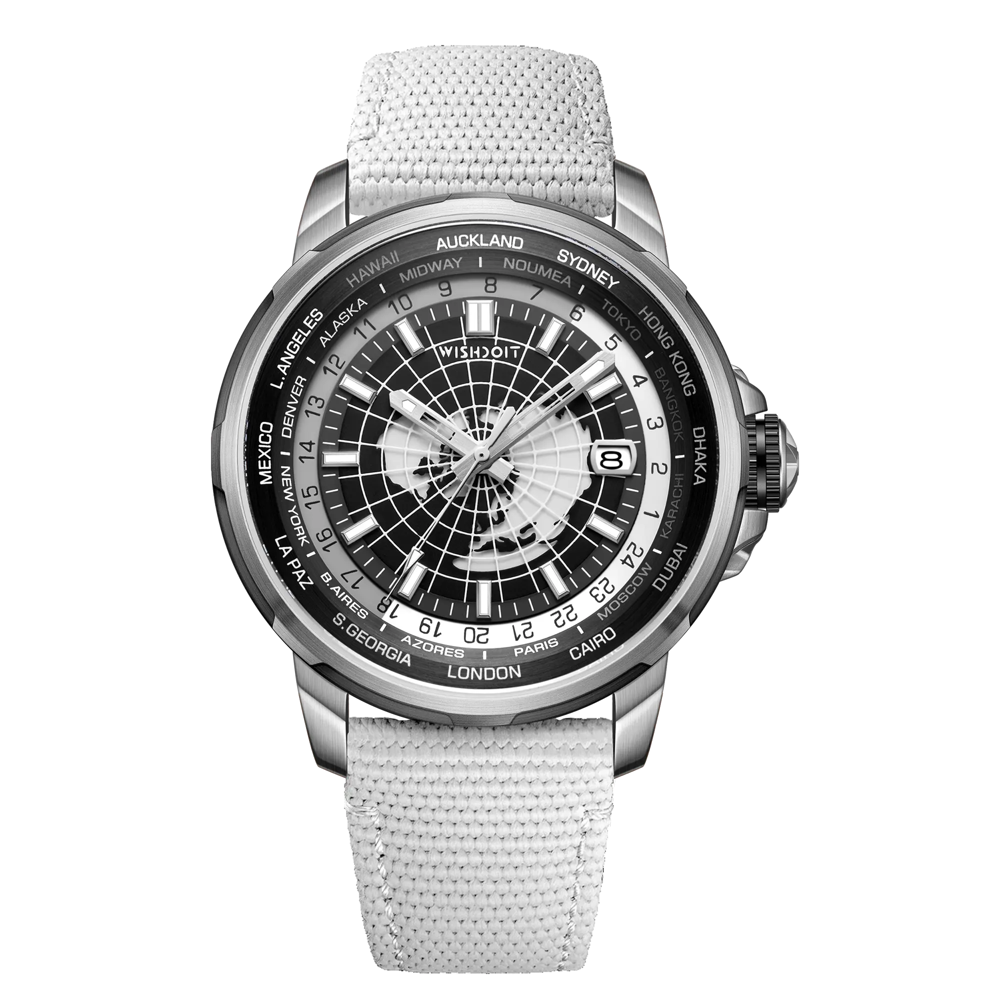 Wishdoit Watches Round Affordable Automatic Mechanical World Time GMT Sapphire Watch | Nylon Genuine Leather Watch Strap| Black (White Strap)