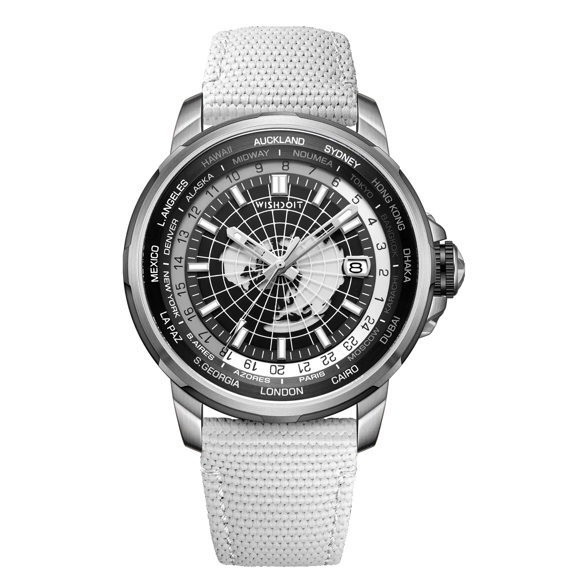 Wishdoit Watches Round Affordable Automatic Mechanical World Time GMT Sapphire Watch | Nylon Genuine Leather Watch Strap| Black (White Strap)