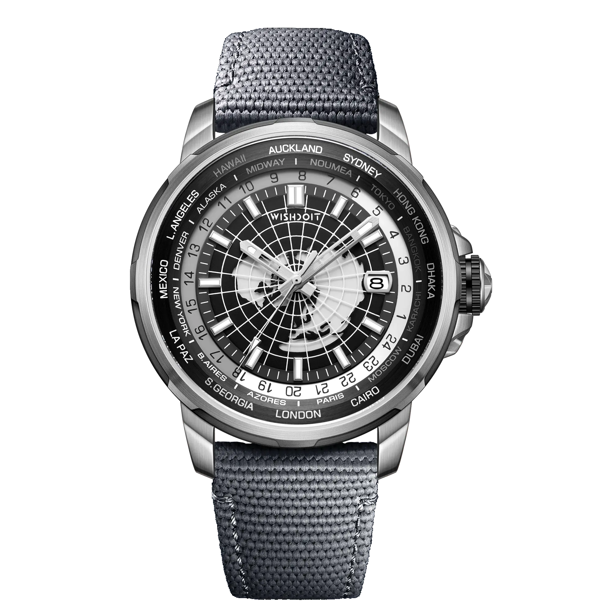 Wishdoit Watches Round Affordable Automatic Mechanical World Time GMT Sapphire Watch | Nylon Genuine Leather Watch Strap| Silvery (Grey Strap)