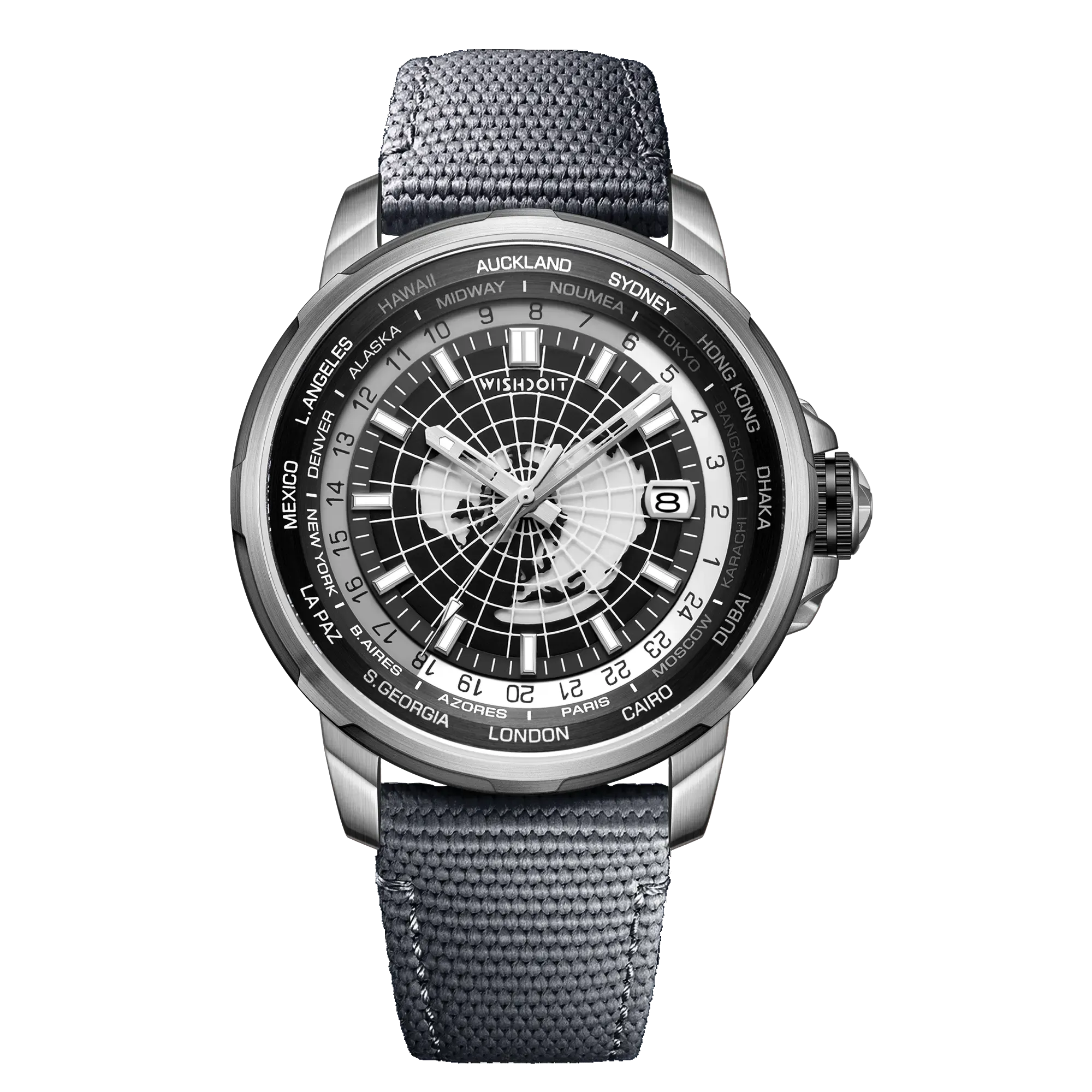 Wishdoit Watches Round Affordable Automatic Mechanical World Time GMT Sapphire Watch | Nylon Genuine Leather Watch Strap| Silvery (Grey Strap)