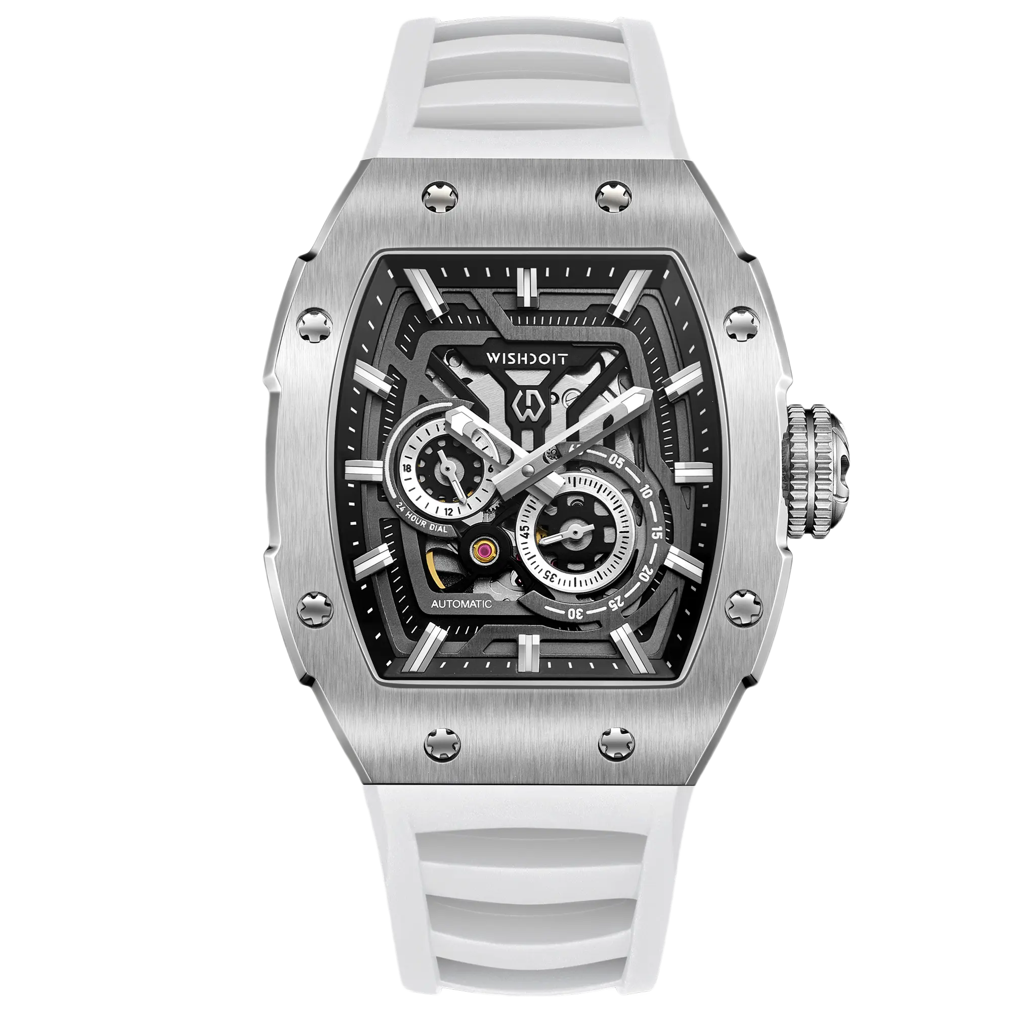 Wishdoit Watches Tonneau Affordable Best Men Mechanical Full Speed Watch | Fluorine Rubber Watch Strap|Silvery