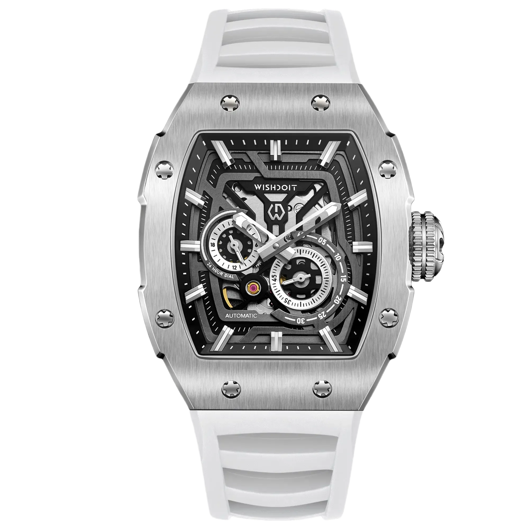 Wishdoit Watches Tonneau Affordable Best Men Mechanical Full Speed Watch | Fluorine Rubber Watch Strap|Silvery