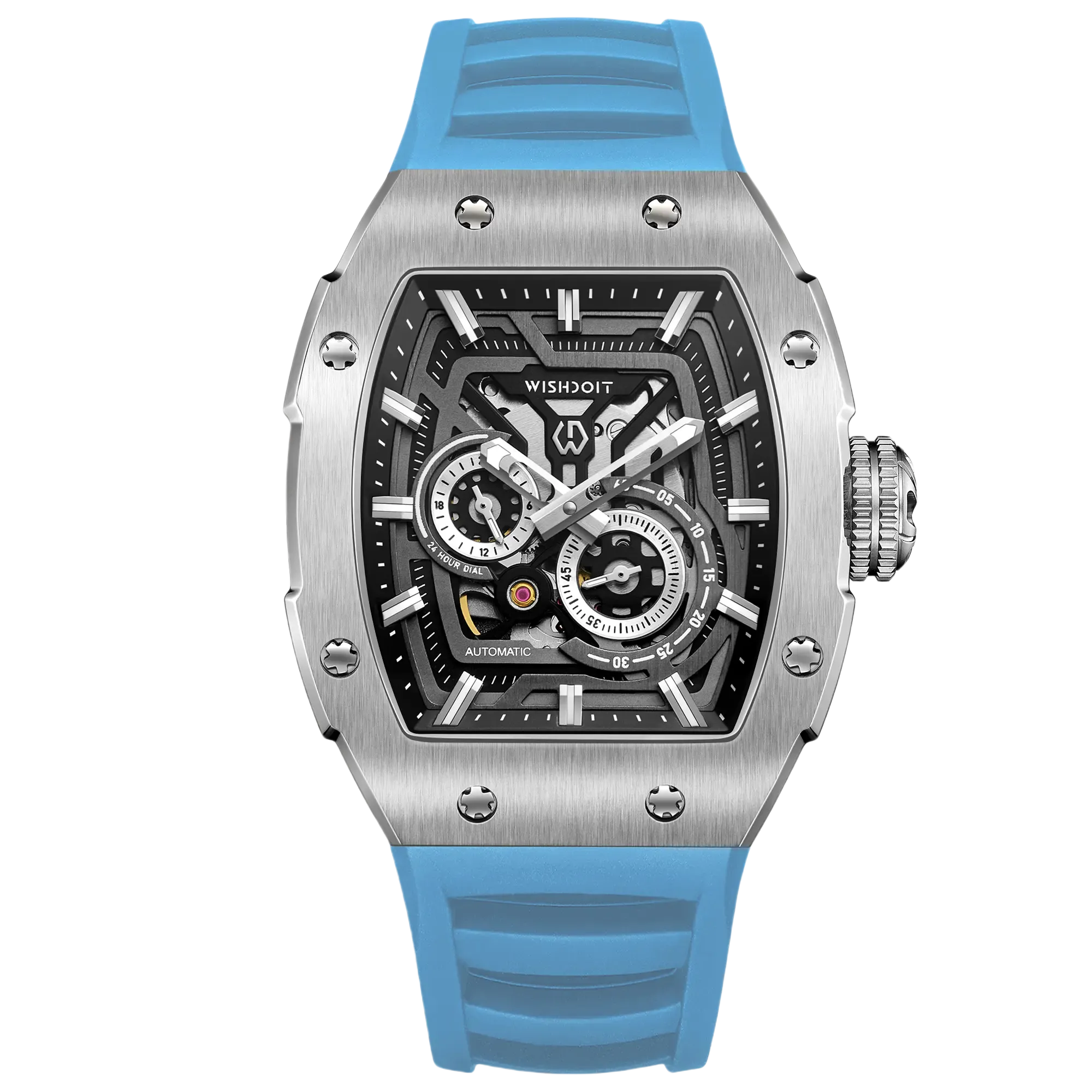 Wishdoit Watches Tonneau Affordable Best Men Mechanical Full Speed Watch | Fluorine Rubber Watch Strap|Silvery