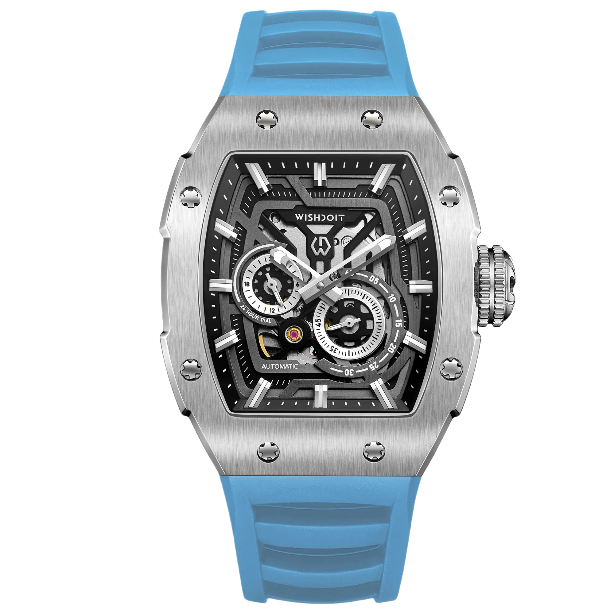 Wishdoit Watches Tonneau Affordable Best Men Mechanical Full Speed Watch | Fluorine Rubber Watch Strap|Silvery