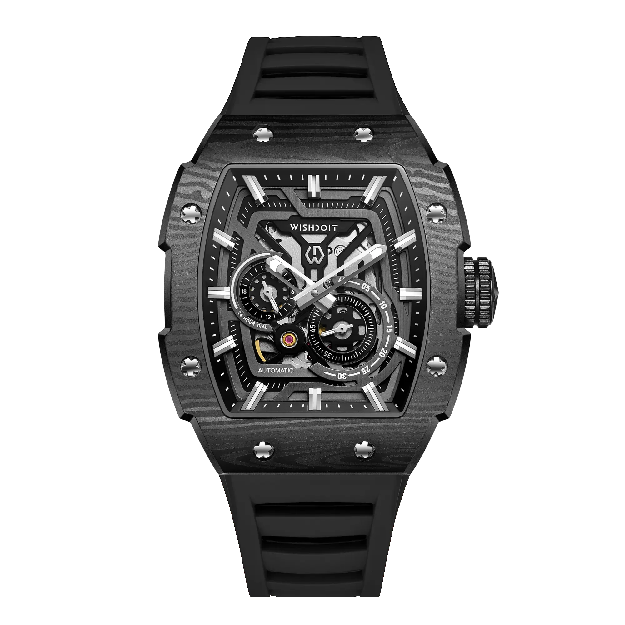 Wishdoit Watches Tonneau Affordable Best Men Mechanical Full Speed Watch | Fluorine Rubber Watch Strap|Black