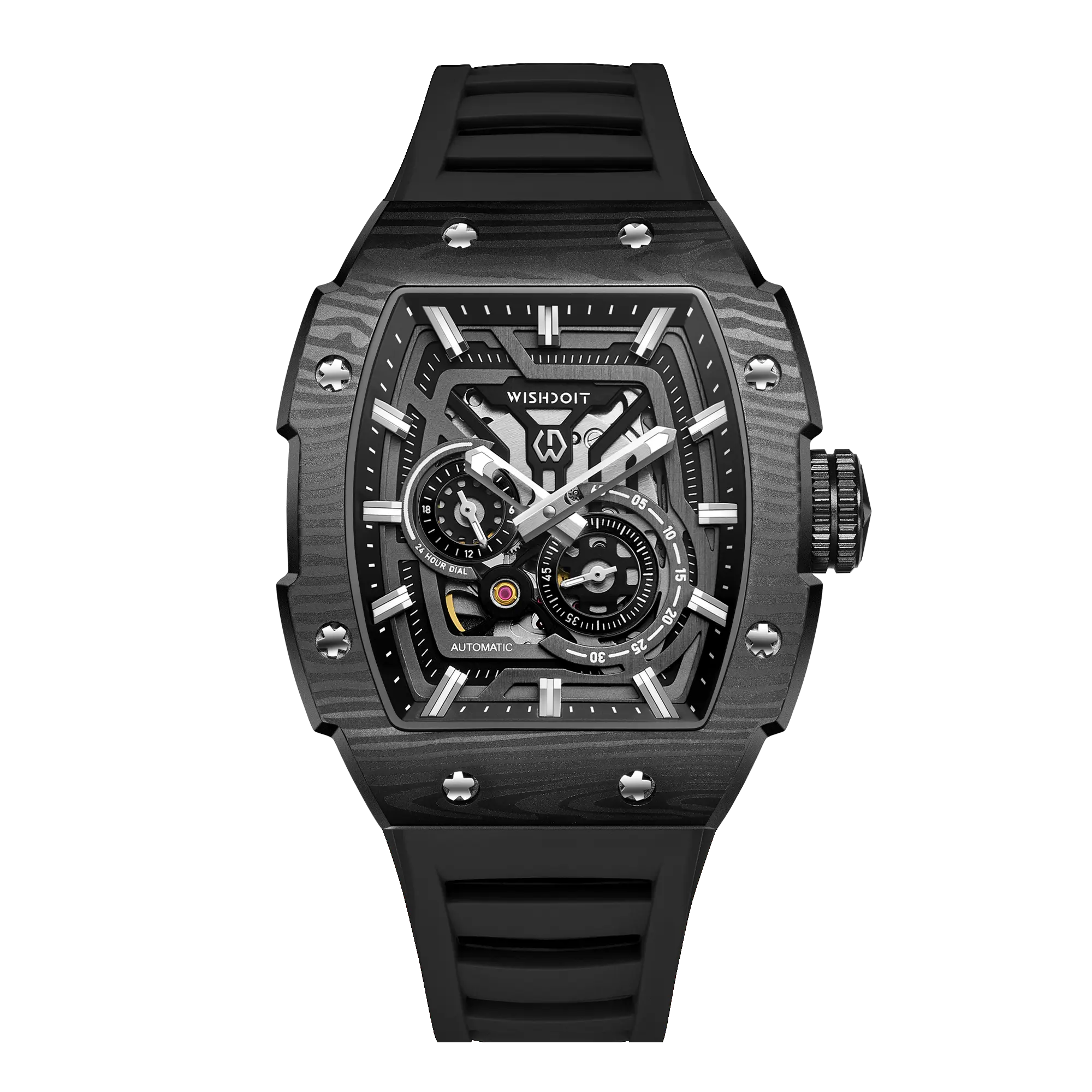 Wishdoit Watches Tonneau Affordable Best Men Mechanical Full Speed Watch | Fluorine Rubber Watch Strap|Black