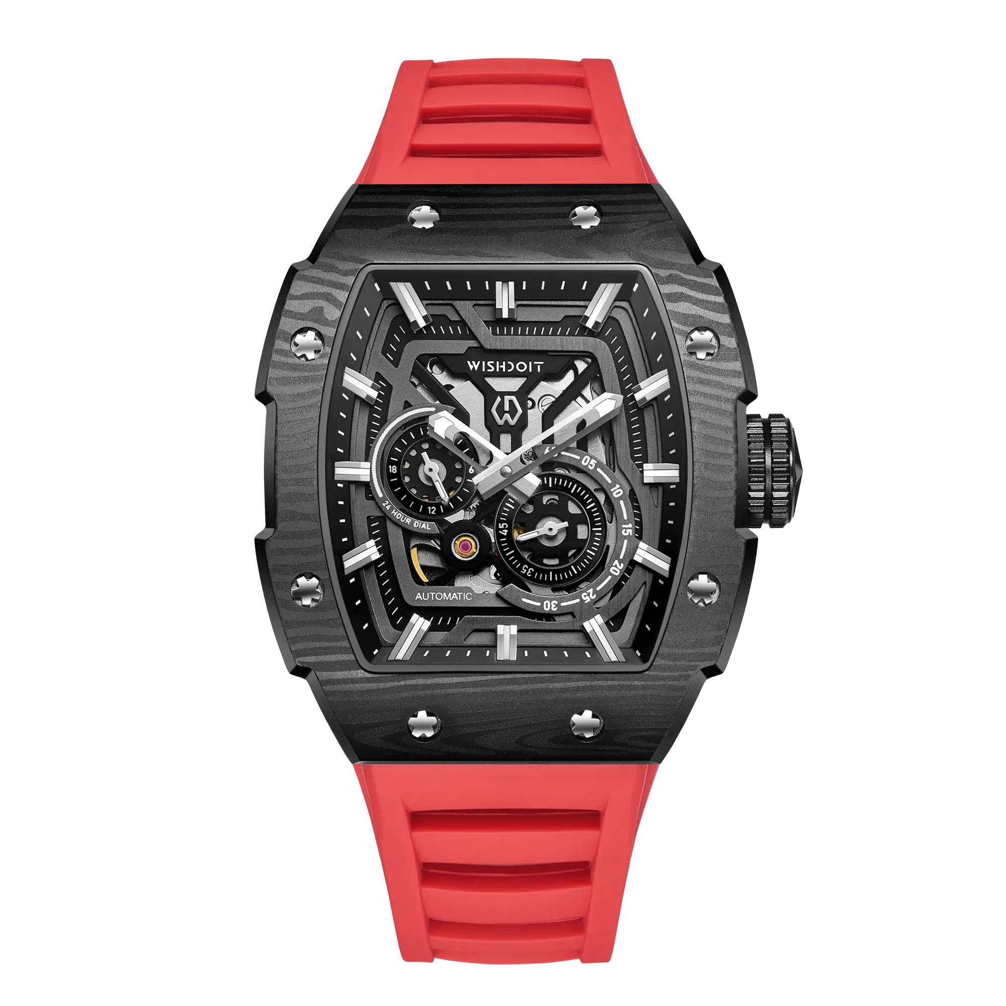 Wishdoit Watches Tonneau Affordable Best Men Mechanical Full Speed Watch | Fluorine Rubber Watch Strap|Black