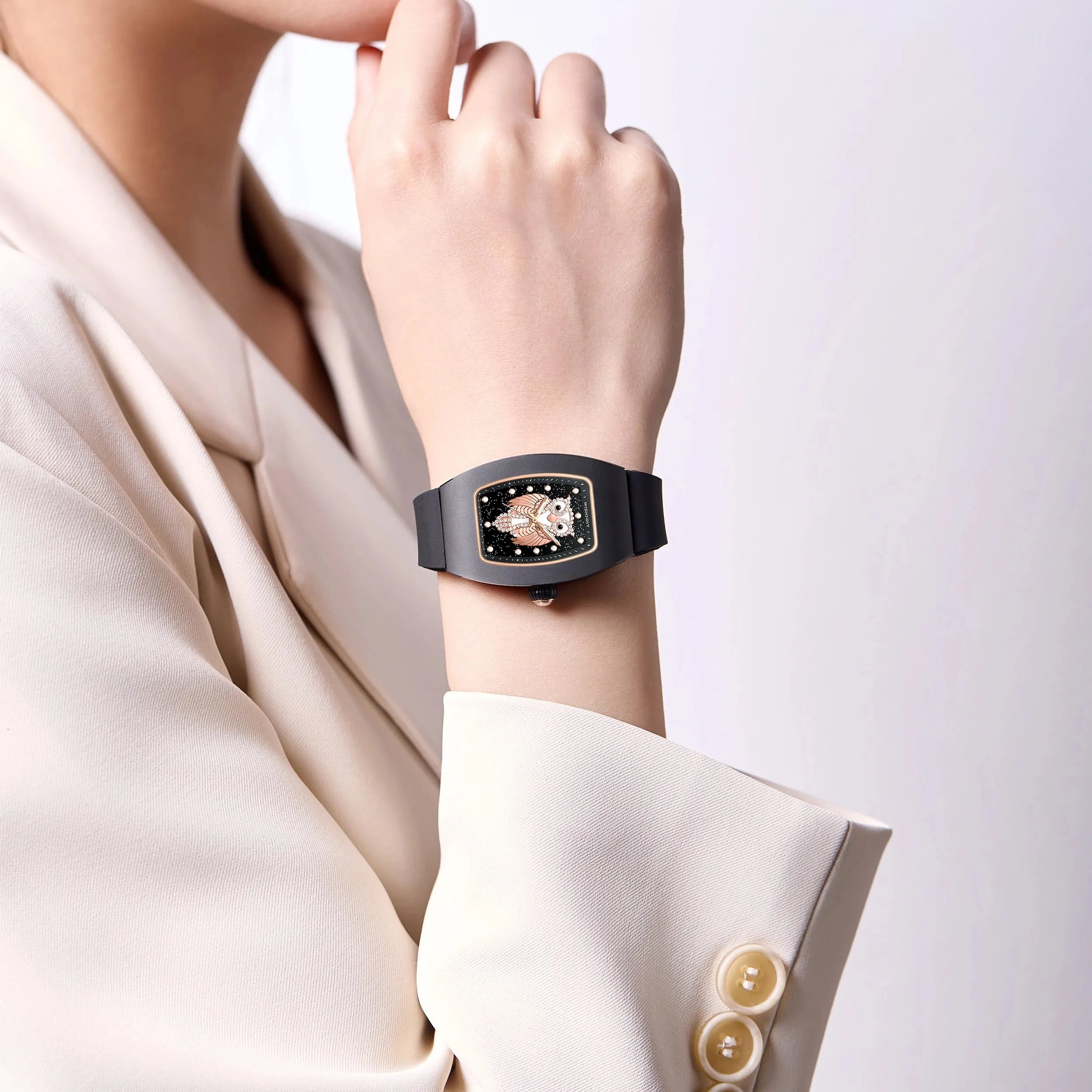 Wishdoit Watches Tonneau Affordable Best Women Chronograph l Owl Women's Ceramic Watches|Starry Dial| Fluorine Rubber Watch StraplBlack(Black Strap)