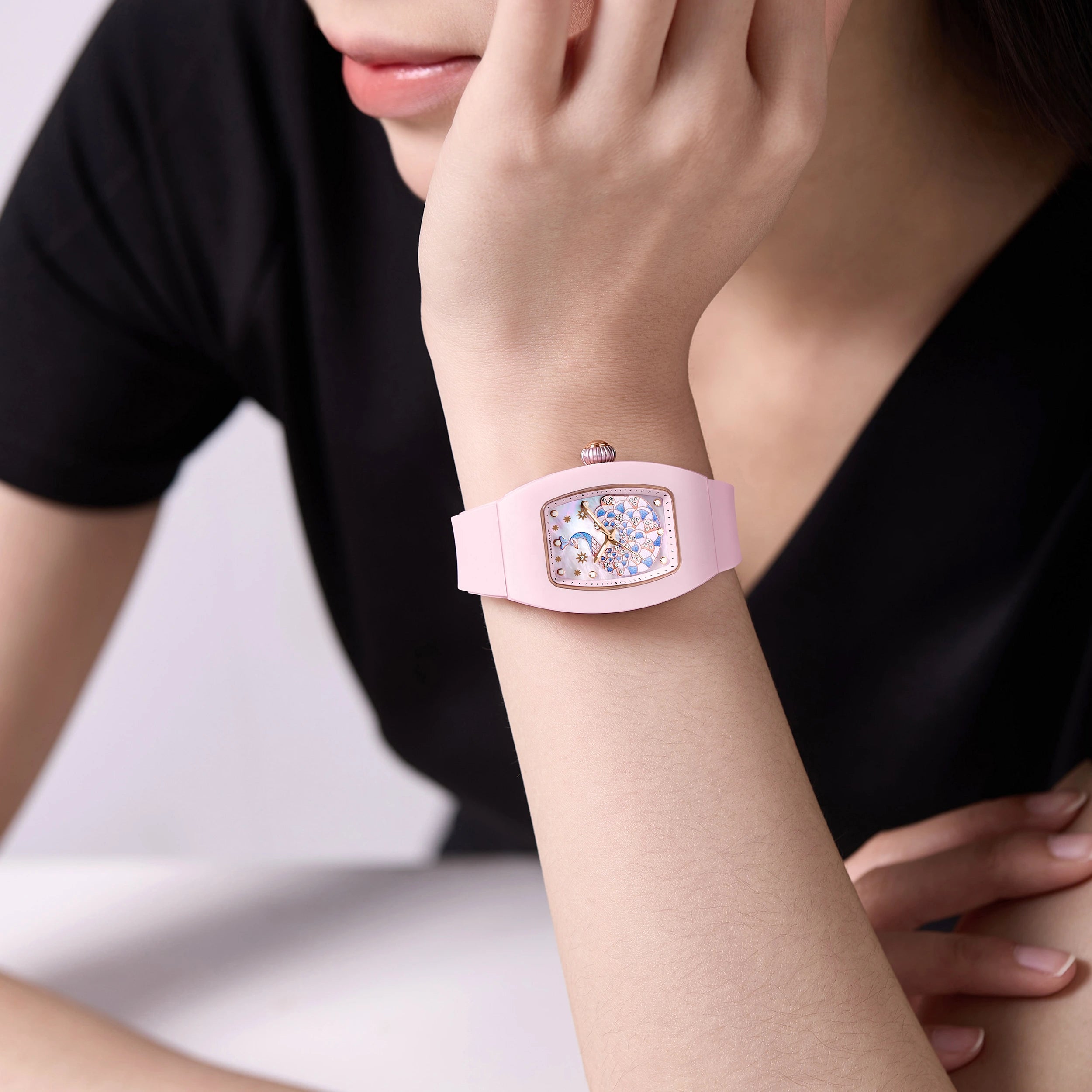 Wishdoit Watches Tonneau Affordable Best Women Chronograph l Peacock Plume Women's Watch| Fluorine Rubber Watch Strap lPink (Pink Strap)