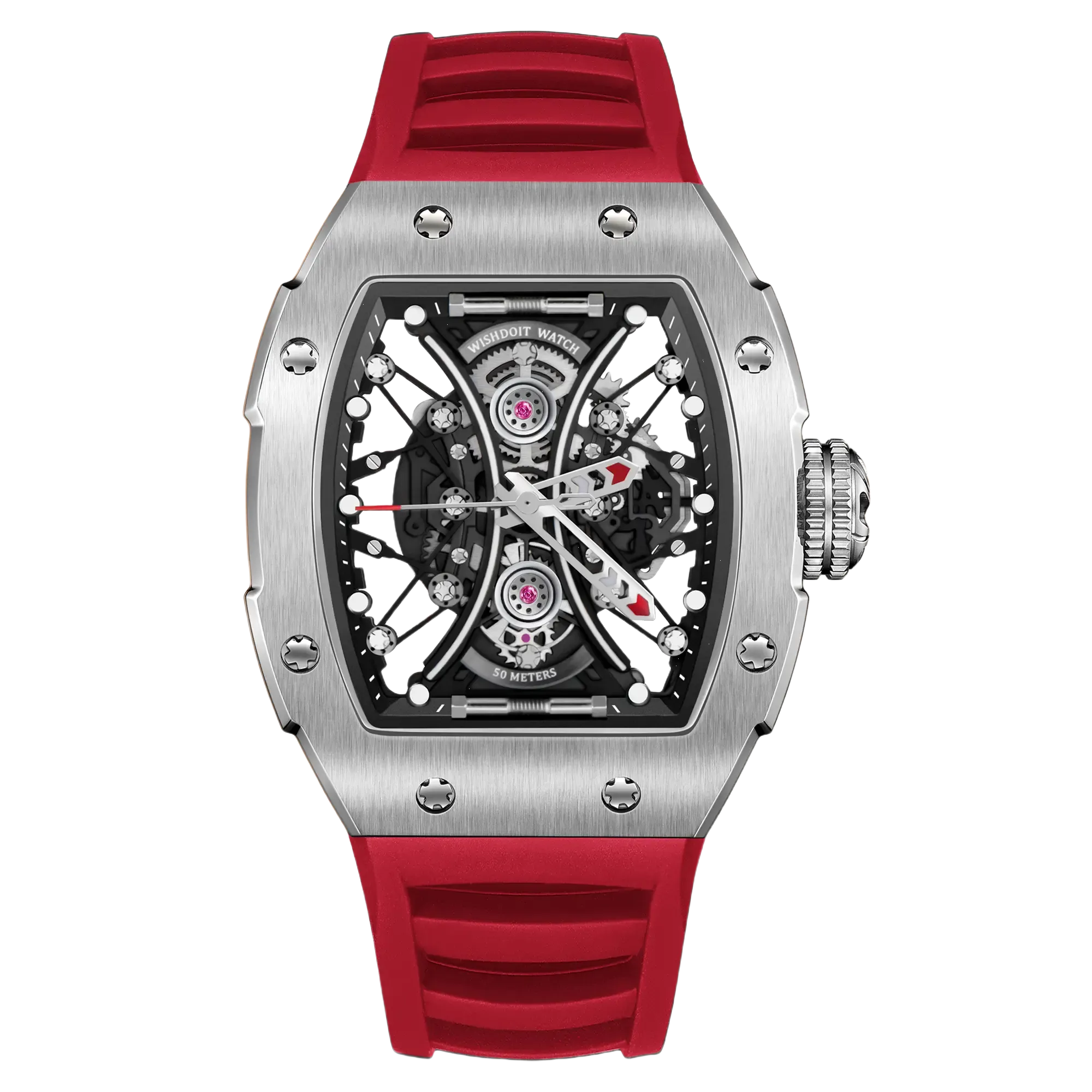 Hourglass Skeleton Quartz Watch Silvery Watch-Red Strap