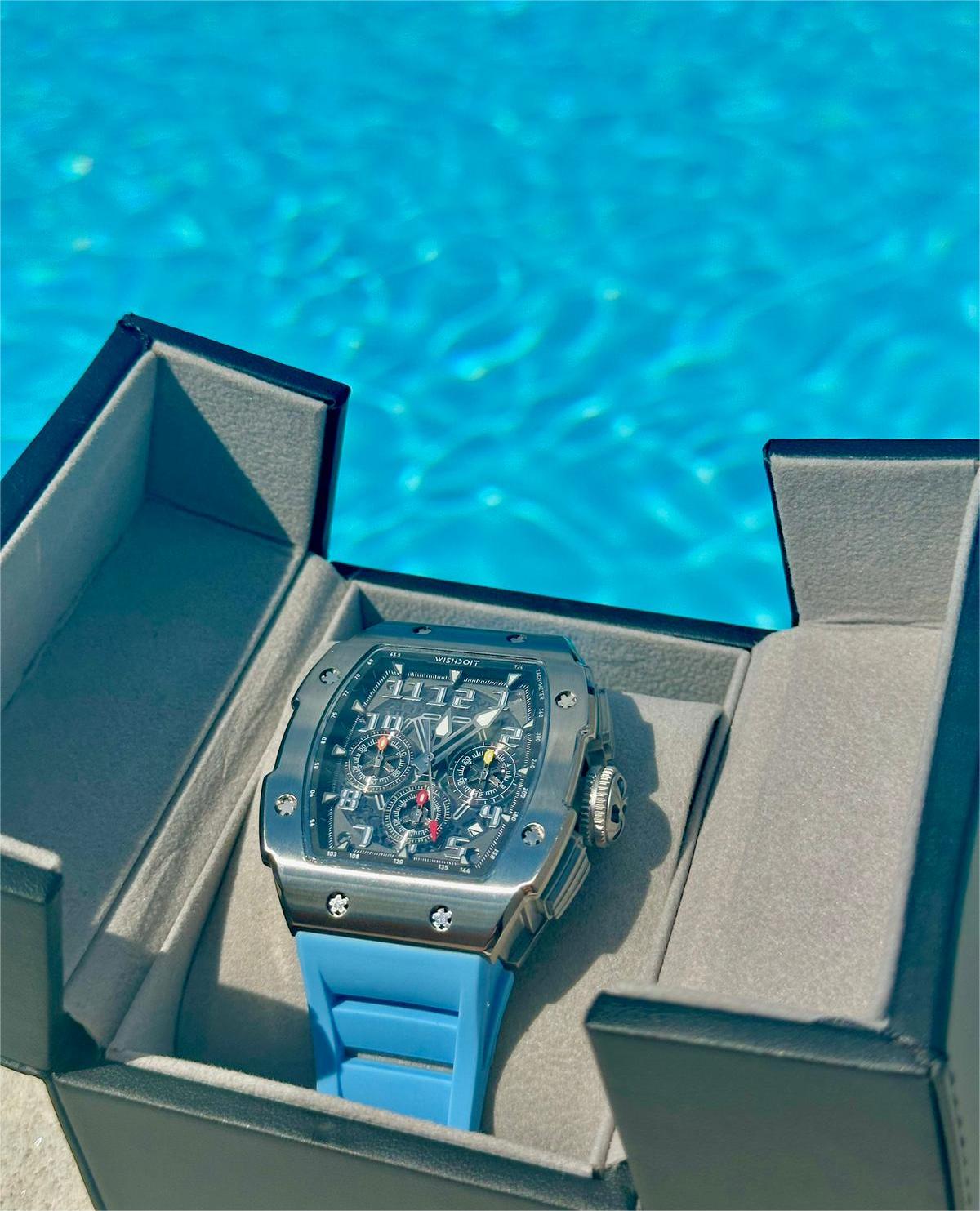 Buy Quartz Tonneau watches from Wishdoit Watches are for the modern gentleman who is bold, daring, and Chronograph sport watch features a 3 hand VD53 Seiko Quartz Movement and a black Fluorine Rubber watch band. 