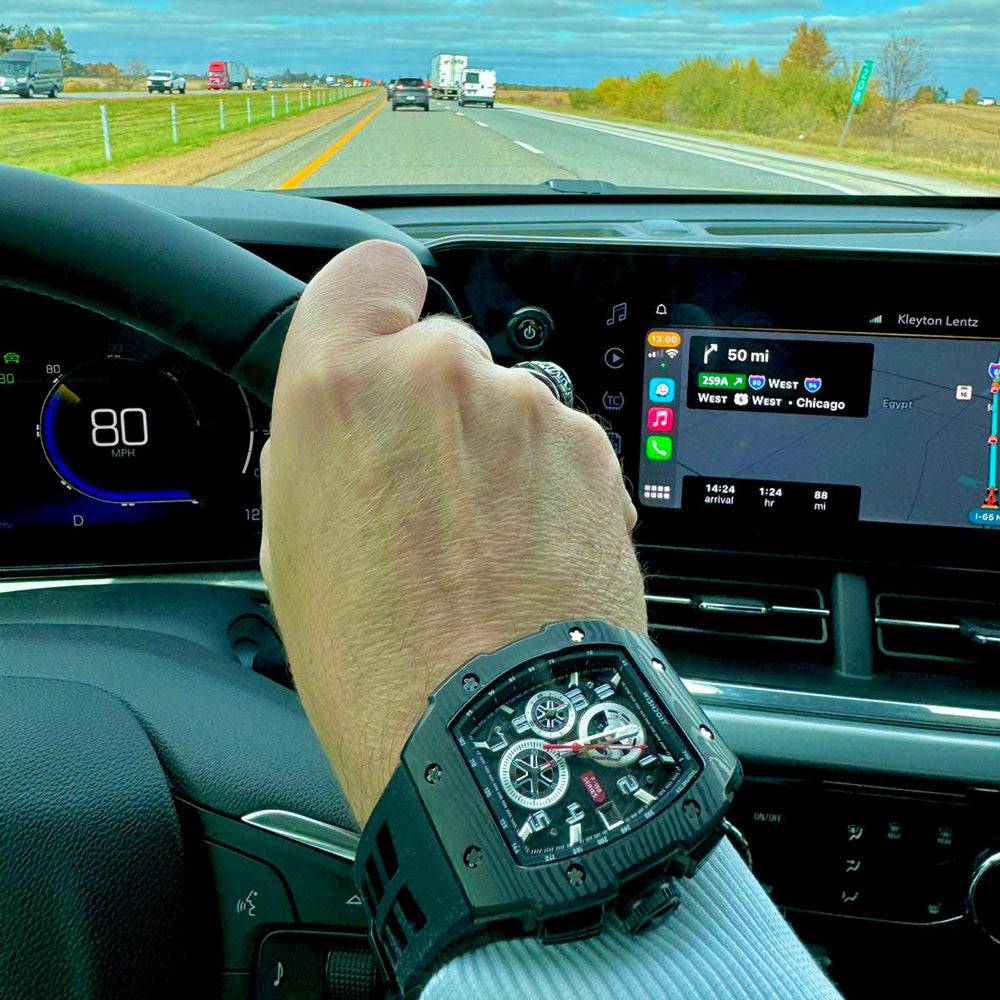 Wishdoit Watches Tonneau Affordable Best Mens Chronograph F-150 Racing Watch | Fluorine Rubber Watch Strap|Black