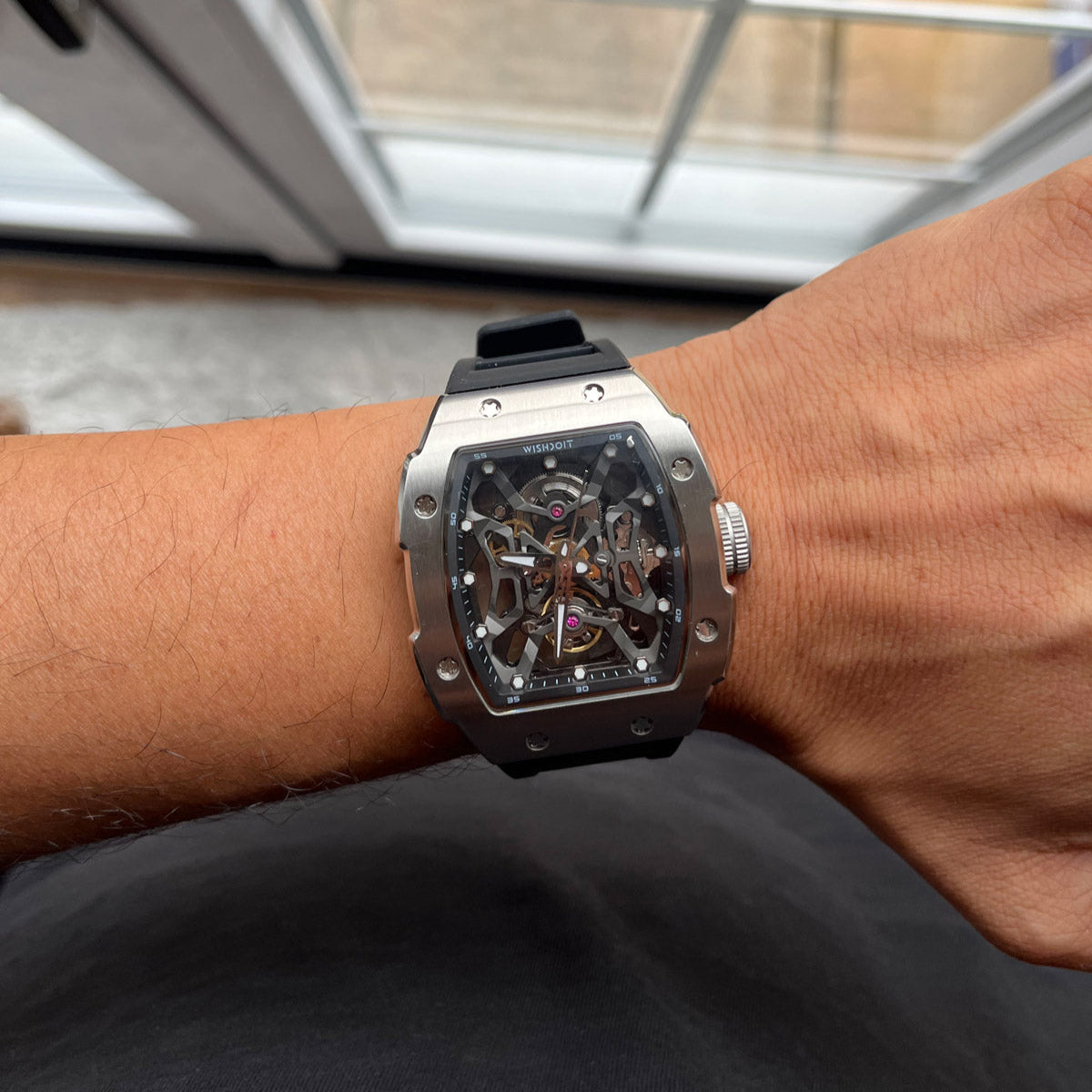 Wishdoit Watches Tonneau Luxury Automatic Mechanical Aerial Prism Skeleton watch | Fluorine Rubber Watch Strap|Silvery (Black Strap)