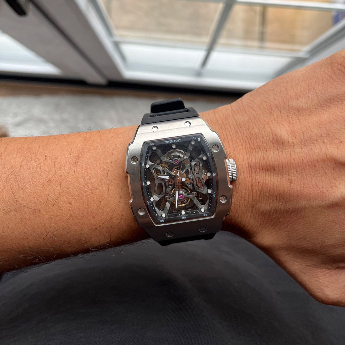 Wishdoit Watches Tonneau Luxury Automatic Mechanical Aerial Prism Skeleton watch | Fluorine Rubber Watch Strap|Silvery (Black Strap)