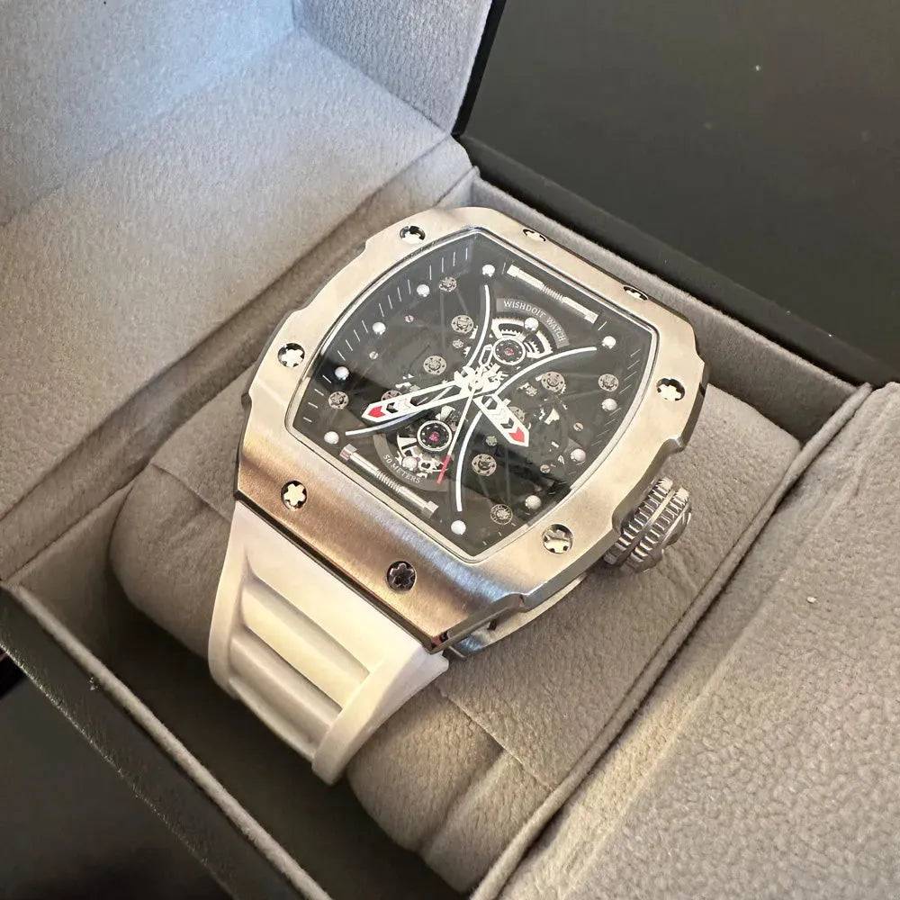 Wishdoit Watches Tonneau Luxury Automatic Mechanical Skeleton | Hourglass-Silvery Watch (White Strap)