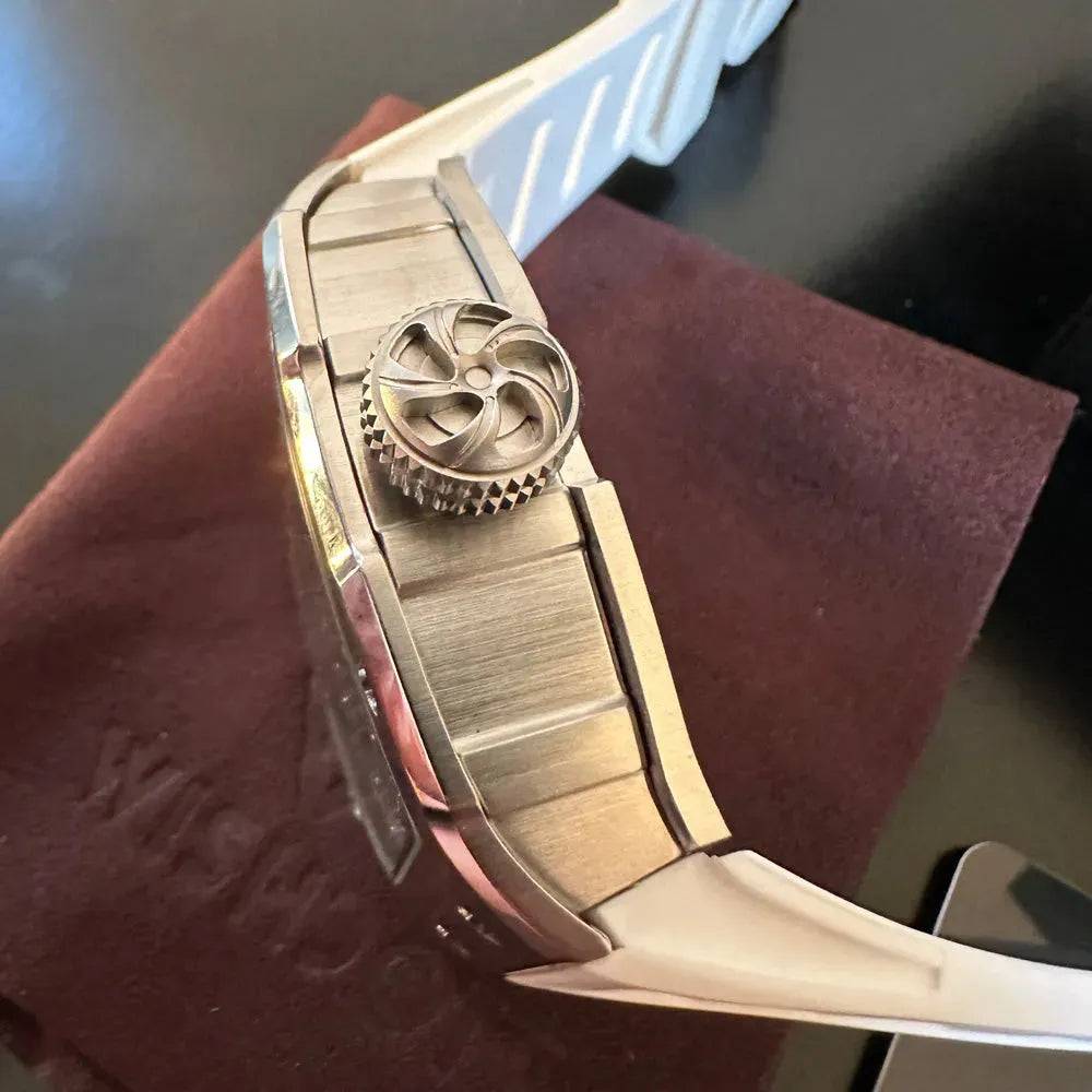 Wishdoit Watches Tonneau Luxury Automatic Mechanical Skeleton | Hourglass-Silvery Watch (White Strap)