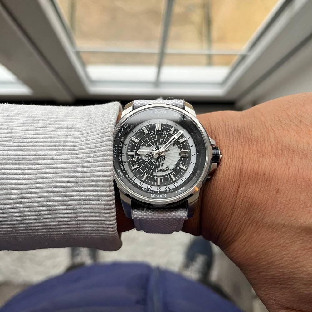 Wishdoit Watches Round Luxury Automatic Mechanical World Time | Eternal Earth - Grey Watch (Black Strap)