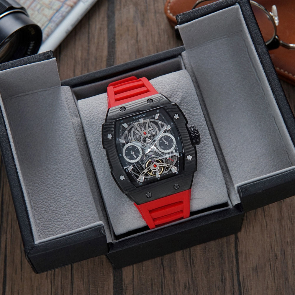 Wishdoit Watches Tonneau Affordable Best Mens Mechanical Pioneer Watch | Fluorine Rubber Watch Strap|Black 