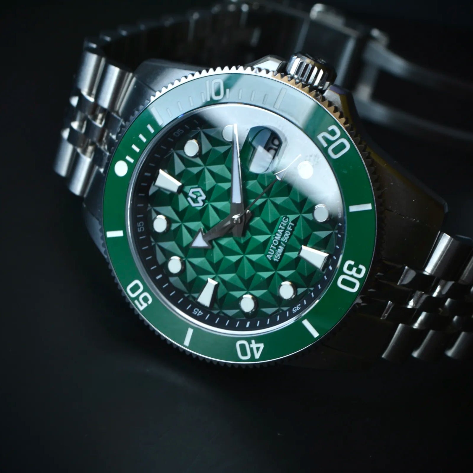 Wishdoit Watches Round Affordable Nereus Facet Automatic Diver Watch - Geometric Dial|316L Stainless Steel|Reef Green