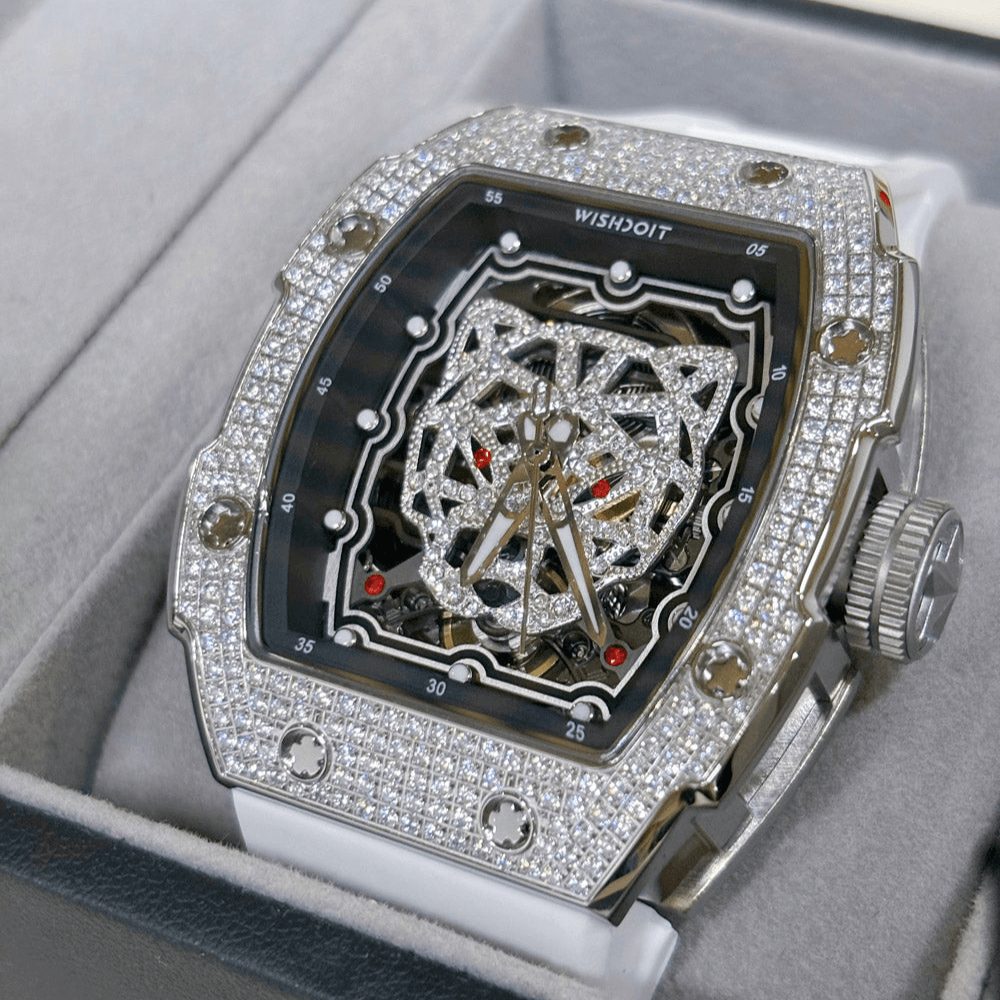 Wishdoit Watches Tonneau Luxury Automatic Mechanical Snow Leopard Watch | Fluorine Rubber Watch Strap|Silvery(White Strap)